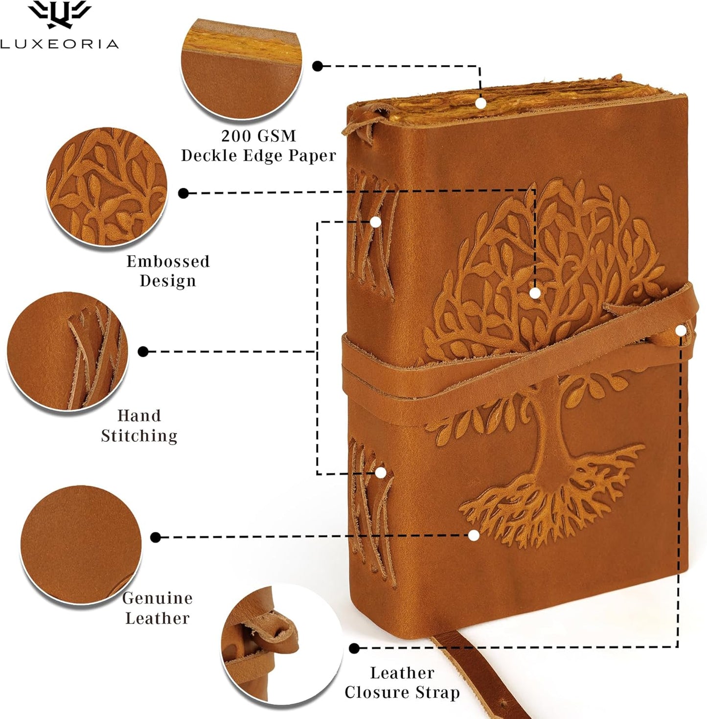 LUXEORIA Tree Of Life Leather Journal for Women and Men, Handcrafted Leather Journal for Writing Womens, Sketchbook, Travel Diary with Unlined Deckle Paper, Camel Brown 6x8
