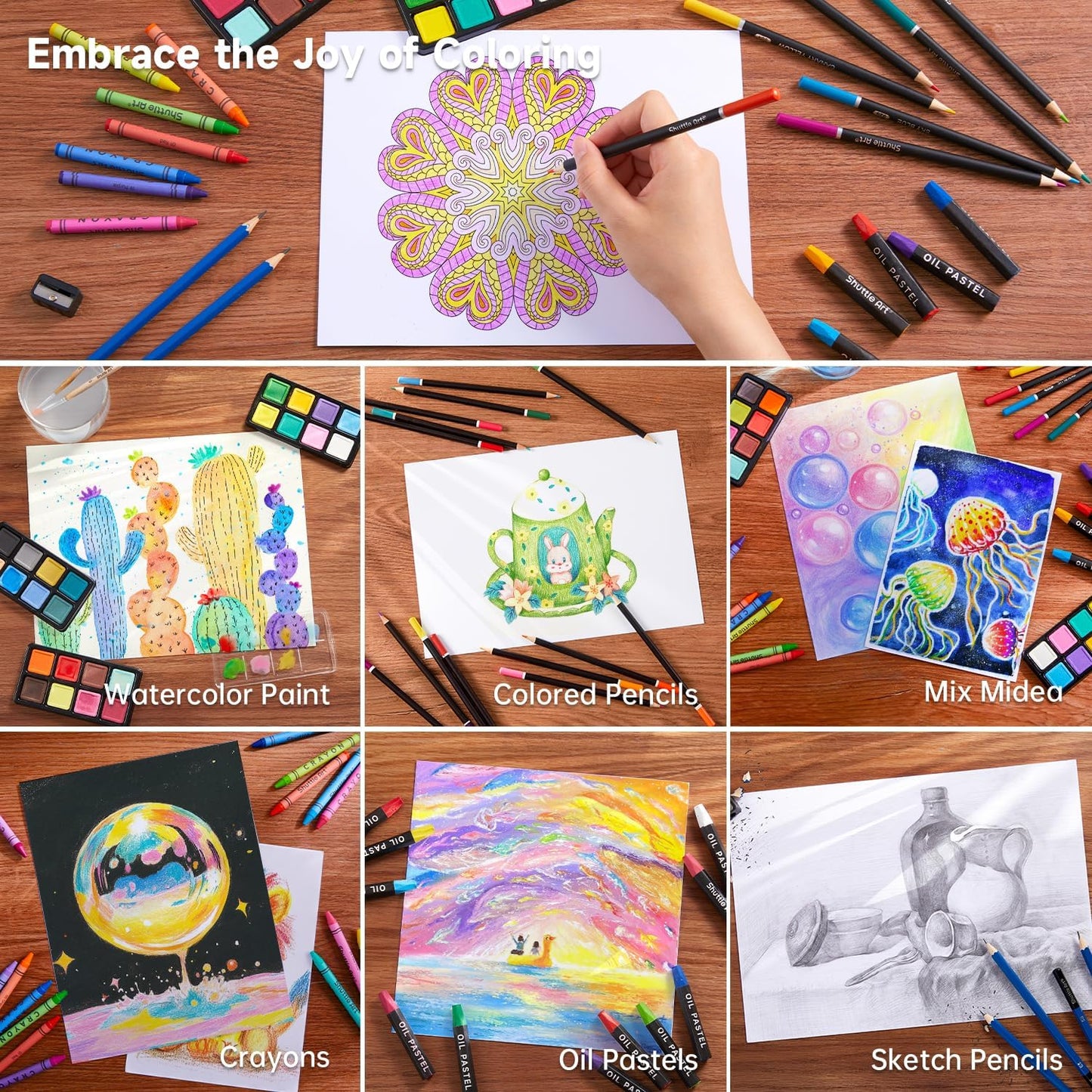 Shuttle Art 149 Piece Deluxe Art Set, Art Supplies in Wooden Case, Painting Drawing Art Kit with Crayons Colored Pencils Oil Pastels Watercolor Cakes Coloring Book Sketch Pad for Kids Adults