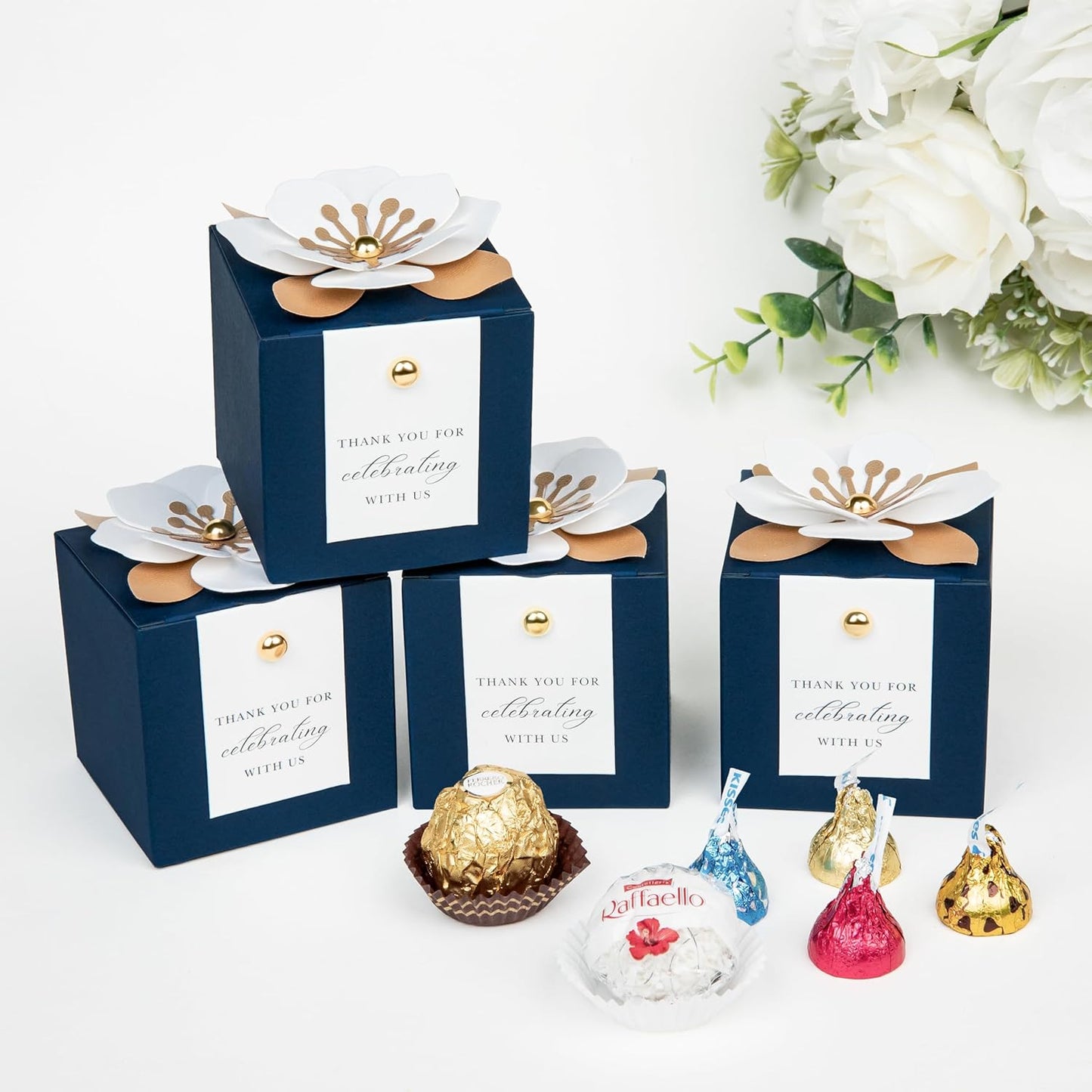 FEIYI 20 PCS Candy Boxes, 3 In 1 Navy Blue Favor Boxes with Floral Decor, White Thank You Tags Gift wrapping for Wedding Birthday Baby Shower Decorations Party -2.55x2.55x2.55''
