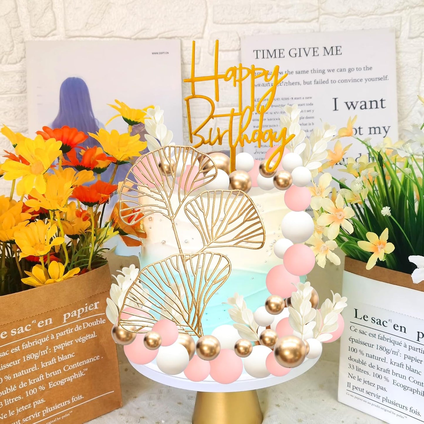 Gyufise 57Pcs Balls Cake Topper Boho Grass Cake topper Pearl Balls Acrylic Happy Birthday Cake Decorations for Wedding Baby Shower Birthday Boho Themed Party Supplies Pink