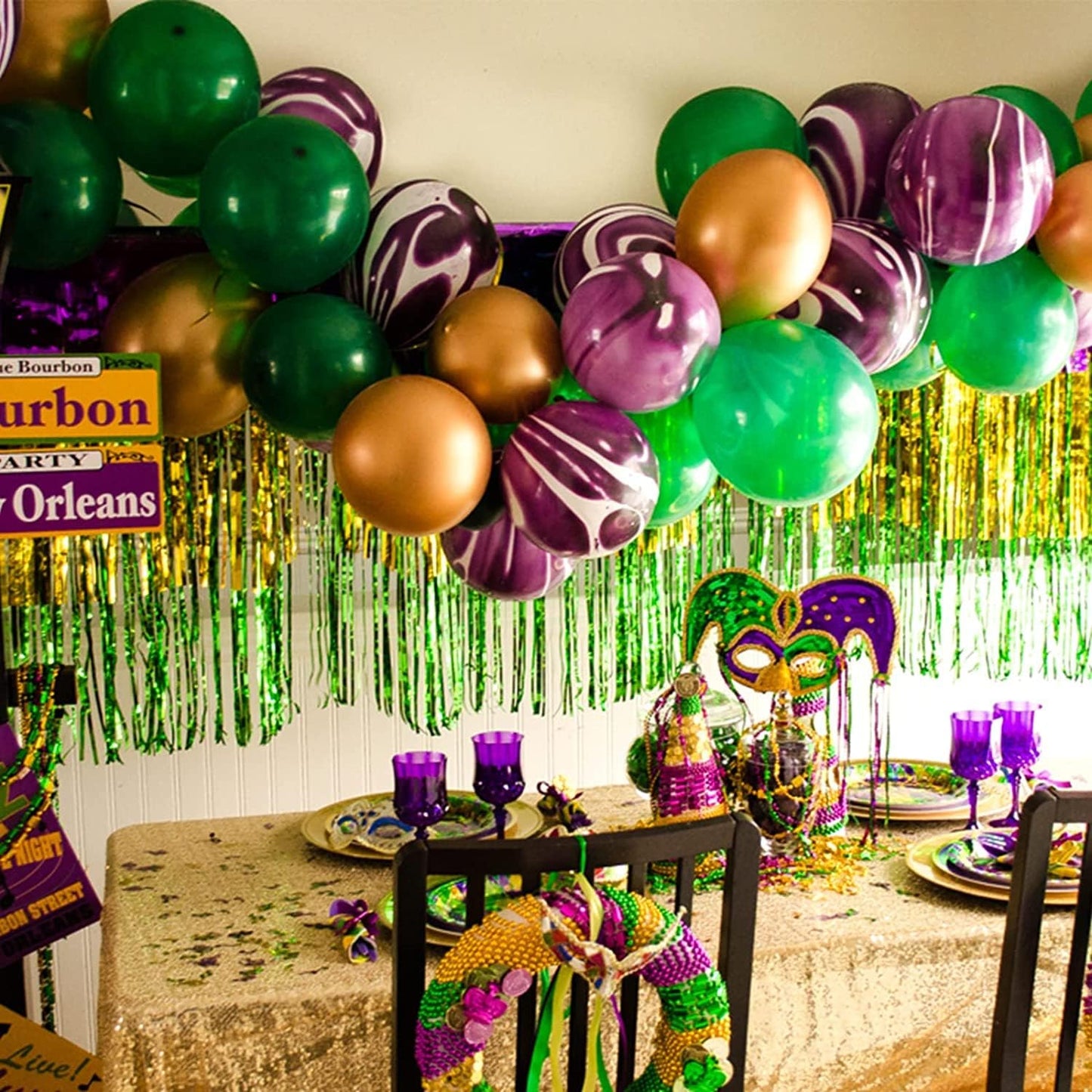 6 Pack 10 Feet Mardi Gras Foil Fringe Garland Metallic Tinsel Streamers Banner Wall Hanging Backdrop Banner for Parade Floats, Valentine's Day, Wedding, Birthday Party Decorations Gold Green Purple