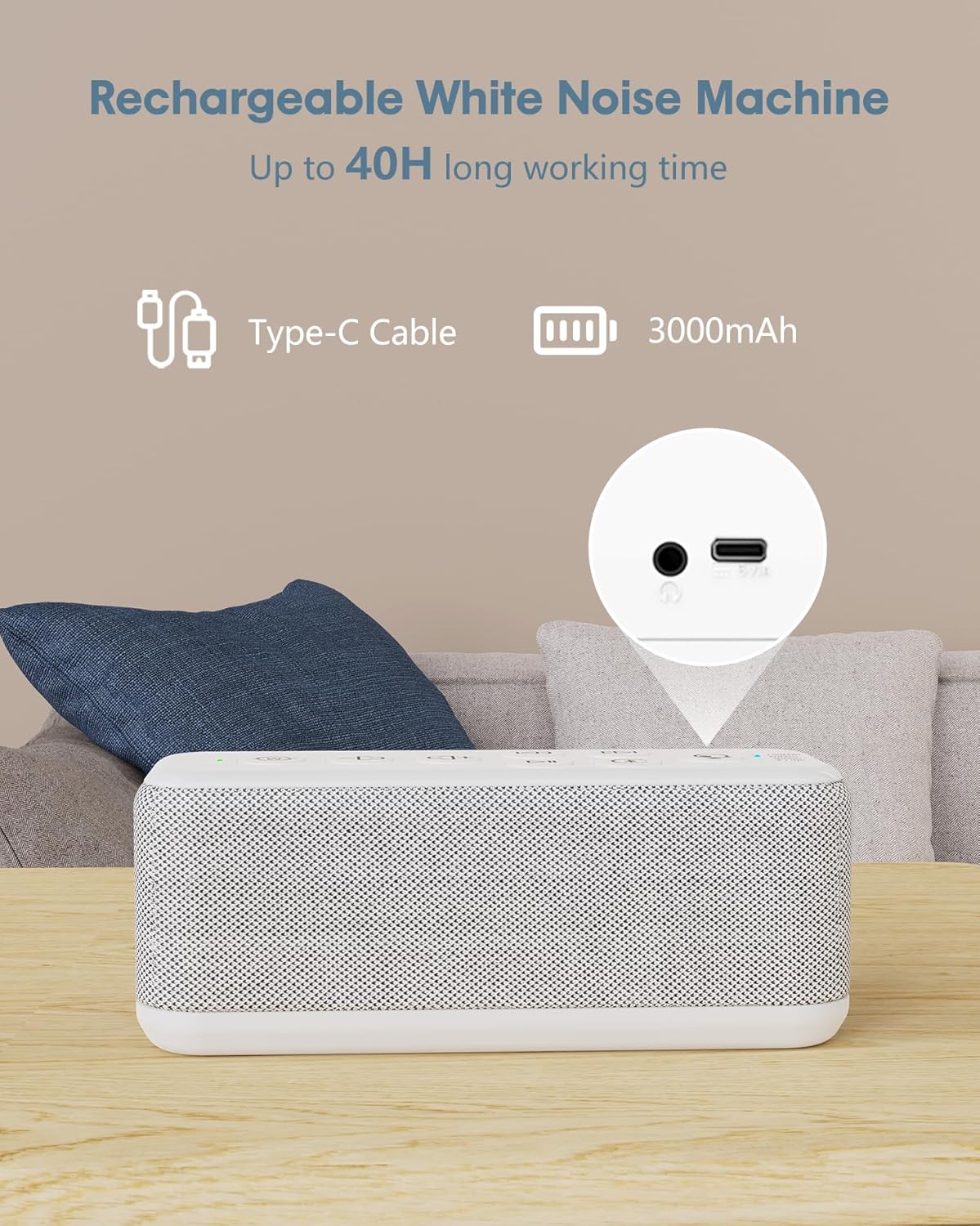 White Noise Sound Machine with Bluetooth,3000mAh Battery Powered,40H Long Lasting,Hi-Fi Audio,30/60/120m Timer,Wireless Portable Sleep Sound Machine for Adults/Baby,Type-C Rechargeable,Headphone Jack