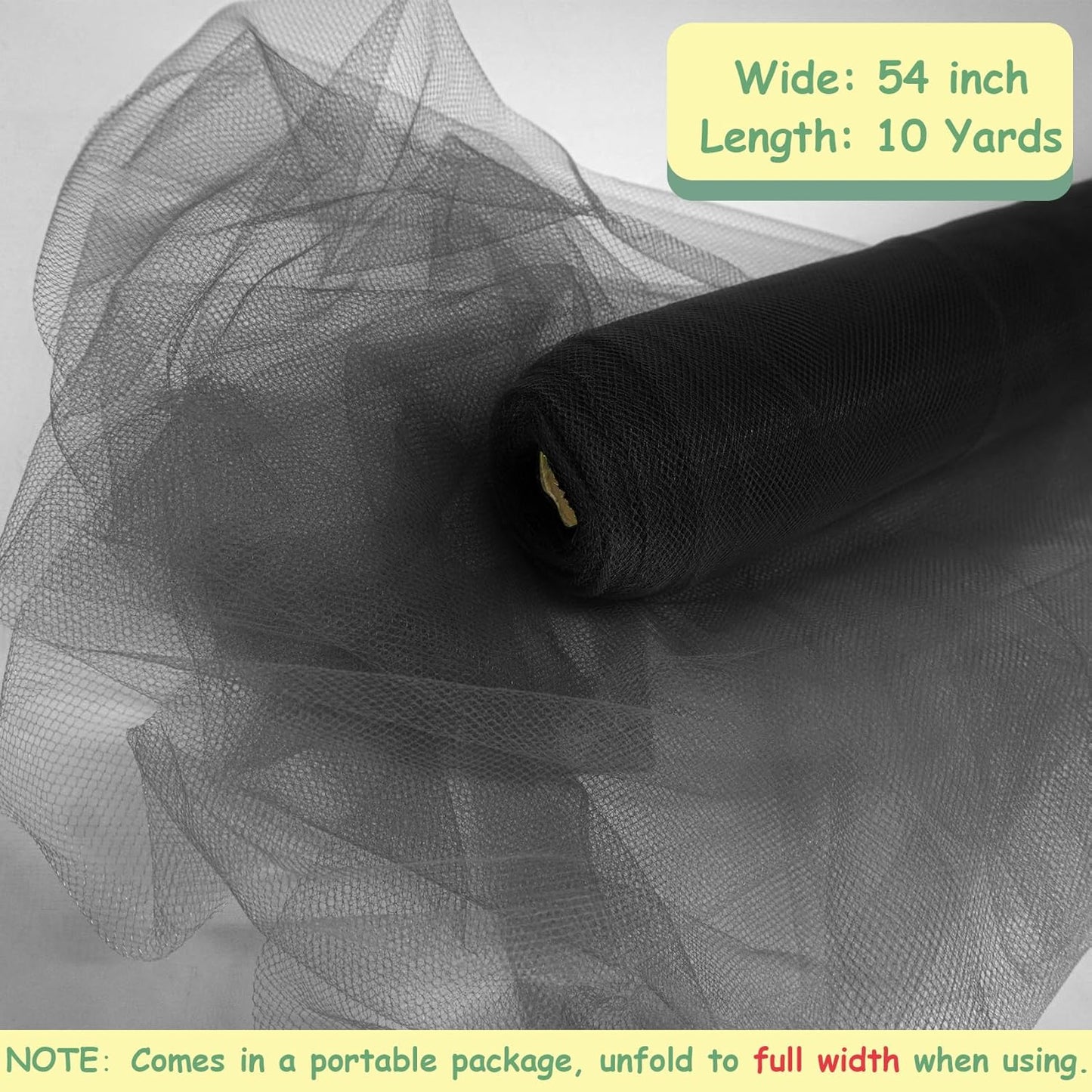 Black Tulle Fabric Rolls, 54 Inch by 10 Yards (30 ft) Tulle Ribbon for Wedding Party Decoration Sheer Fabric Spool Bolt, Ceiling Decor, Tutu Skirt, Christmas Gift Wrapping, Soft & Drape (Black)