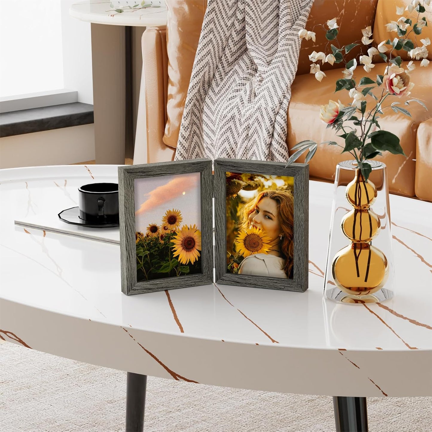 decorUhome Double 5x7 Picture Frame Vertical, Engineered Wood Bifold Photo Frame with Plexiglass for Tabletop Display, 5x7, Grey