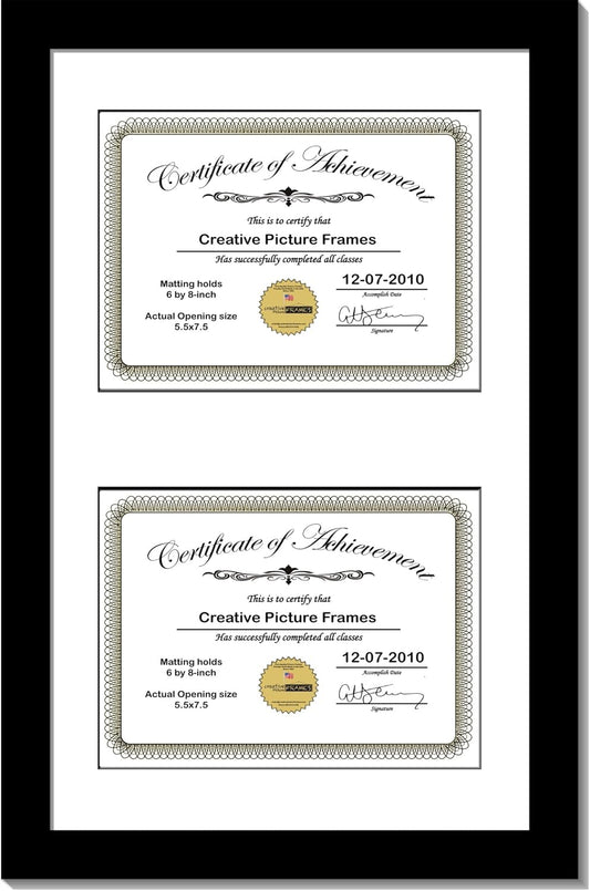 Creative Picture Frames 10X16Bk-W Black Vertical Double Diploma Frame With 2 Opening White Matting | Holds 2-6X8-Inch Documents With Installed Wall Hanger