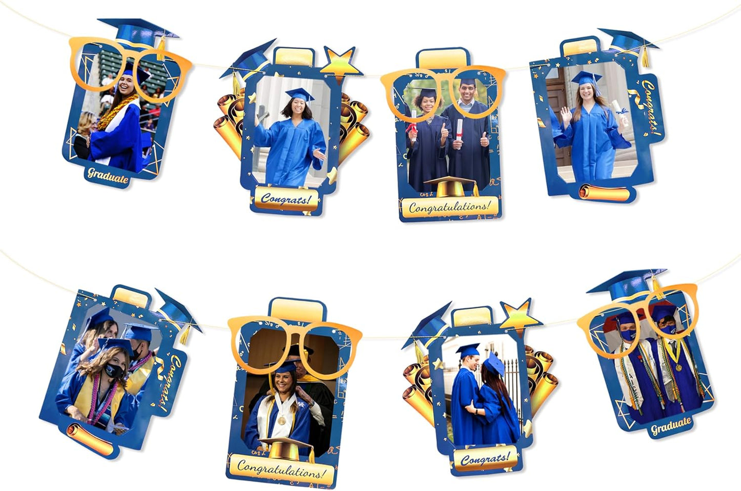 pinkblume Graduation Party Decorations Navy Blue and Gold Grad Photo Banner Royal Blue Gold Congrats Grad Photograph Bunting Garland for 2025 Graduation Celebration Party Decorations Supplies