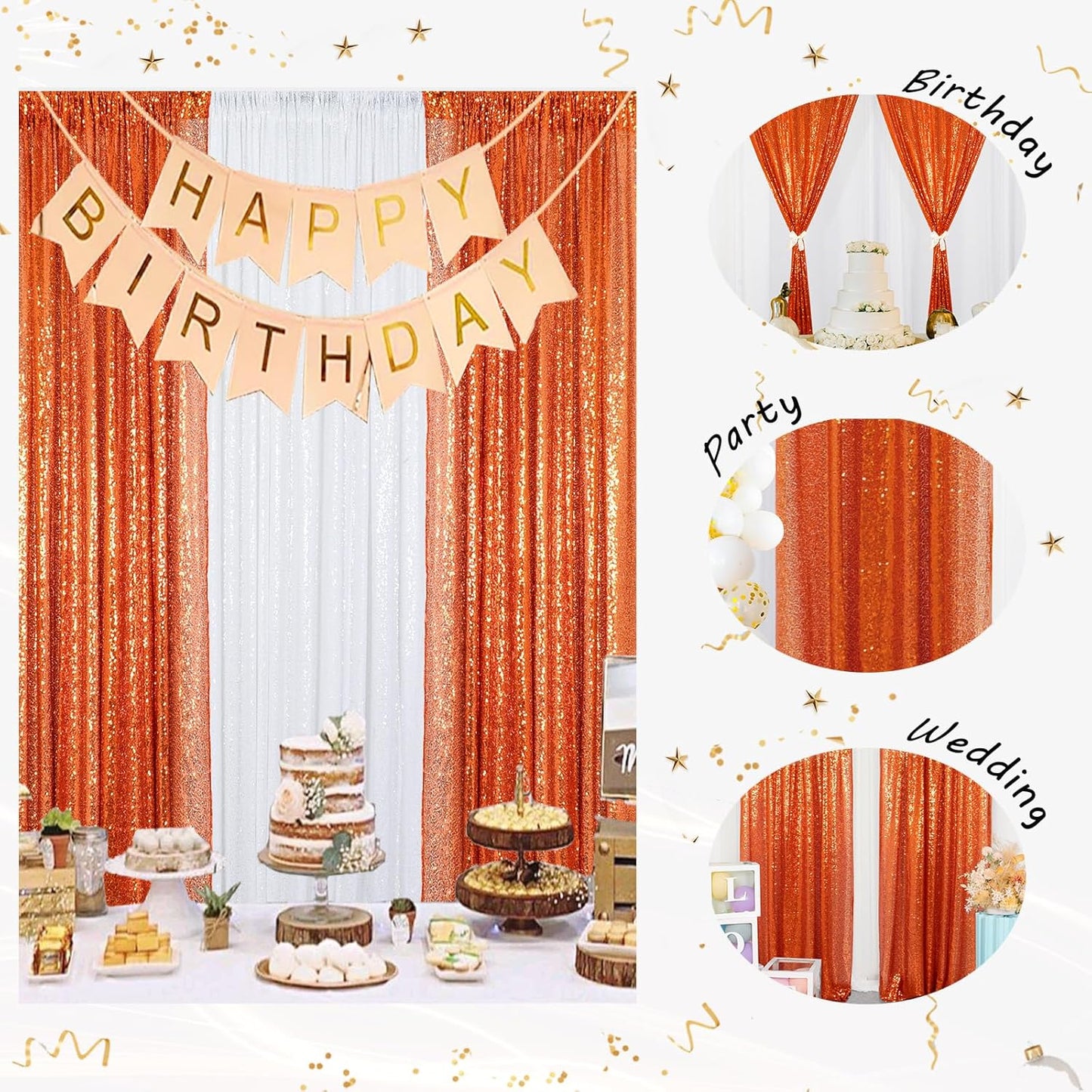ShinyBeauty 4x10ft Sequin Backdrop Curtains - 4-Panel Orange Glitter Photography Background for Parties, Halloween, Christmas Decor (Reusable)