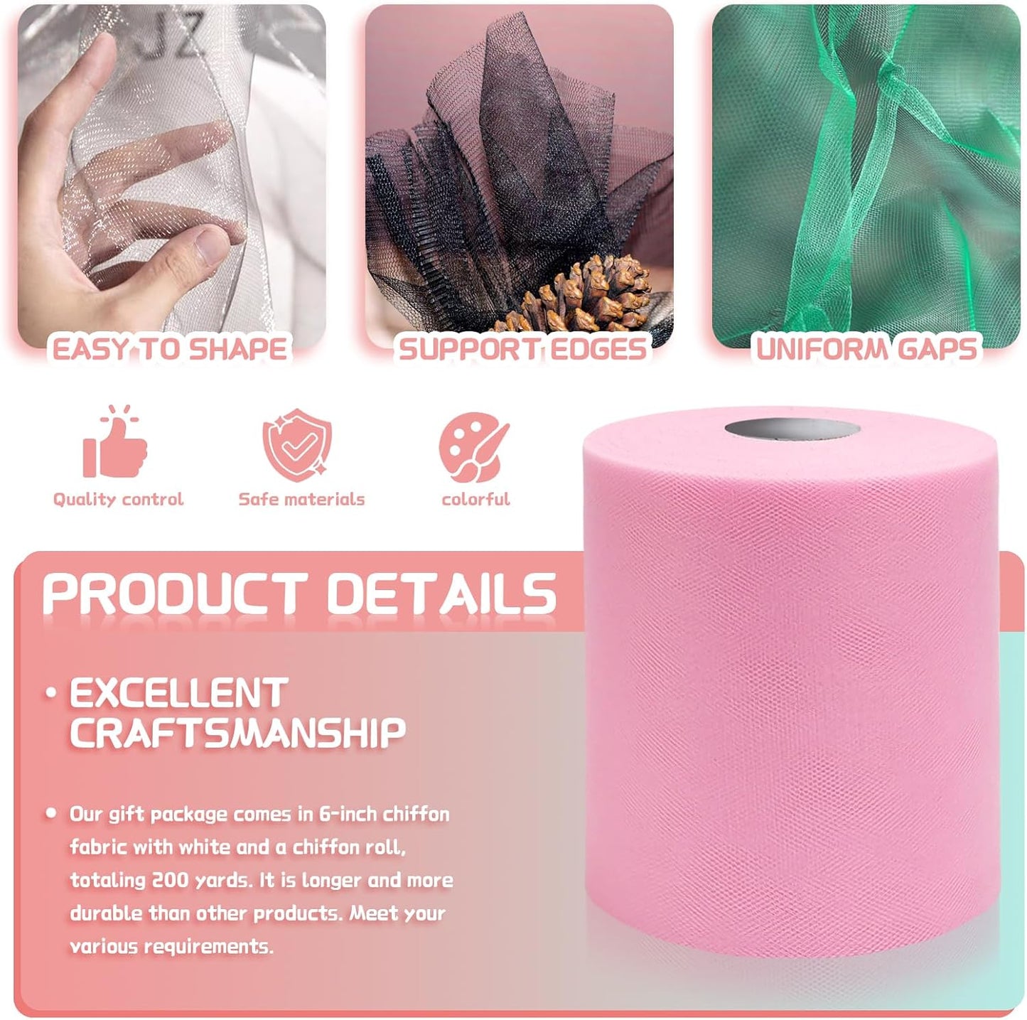 6" x 200 Yards Light Pink Tulle Fabric Rolls, Pink Spool Tulle Ribbon for DIY Tutu Skirt Wedding Decoration Baby Shower Birthday Party Backdrop Gift Wrapping Bow Craft Supplies