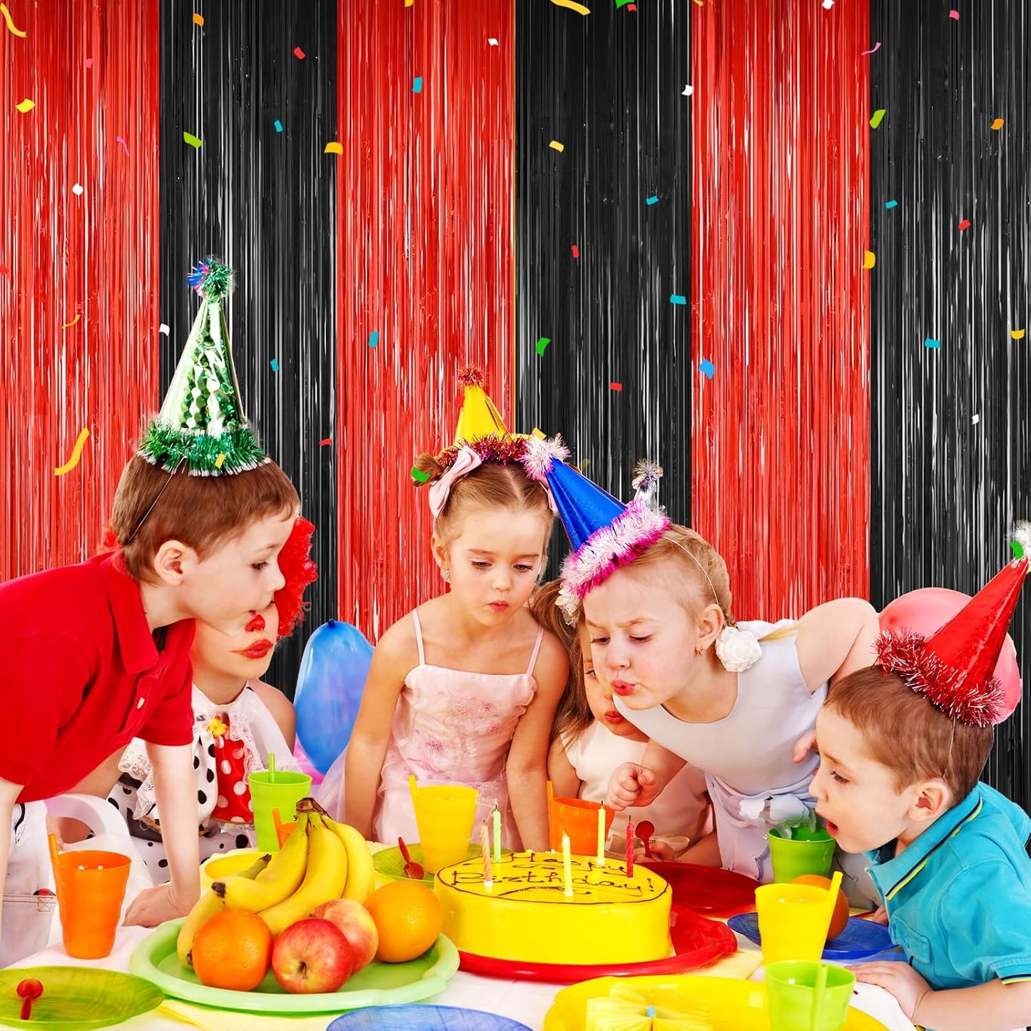 2Pack Black Red Backdrop Curtains Party Decor, Door Streamers Photo Booth Backdrop Metallic Party Streamer Tinsel Foil Fringe Curtains Backdrop Halloween Baby Shower Bachelorette Xmas Party Decors