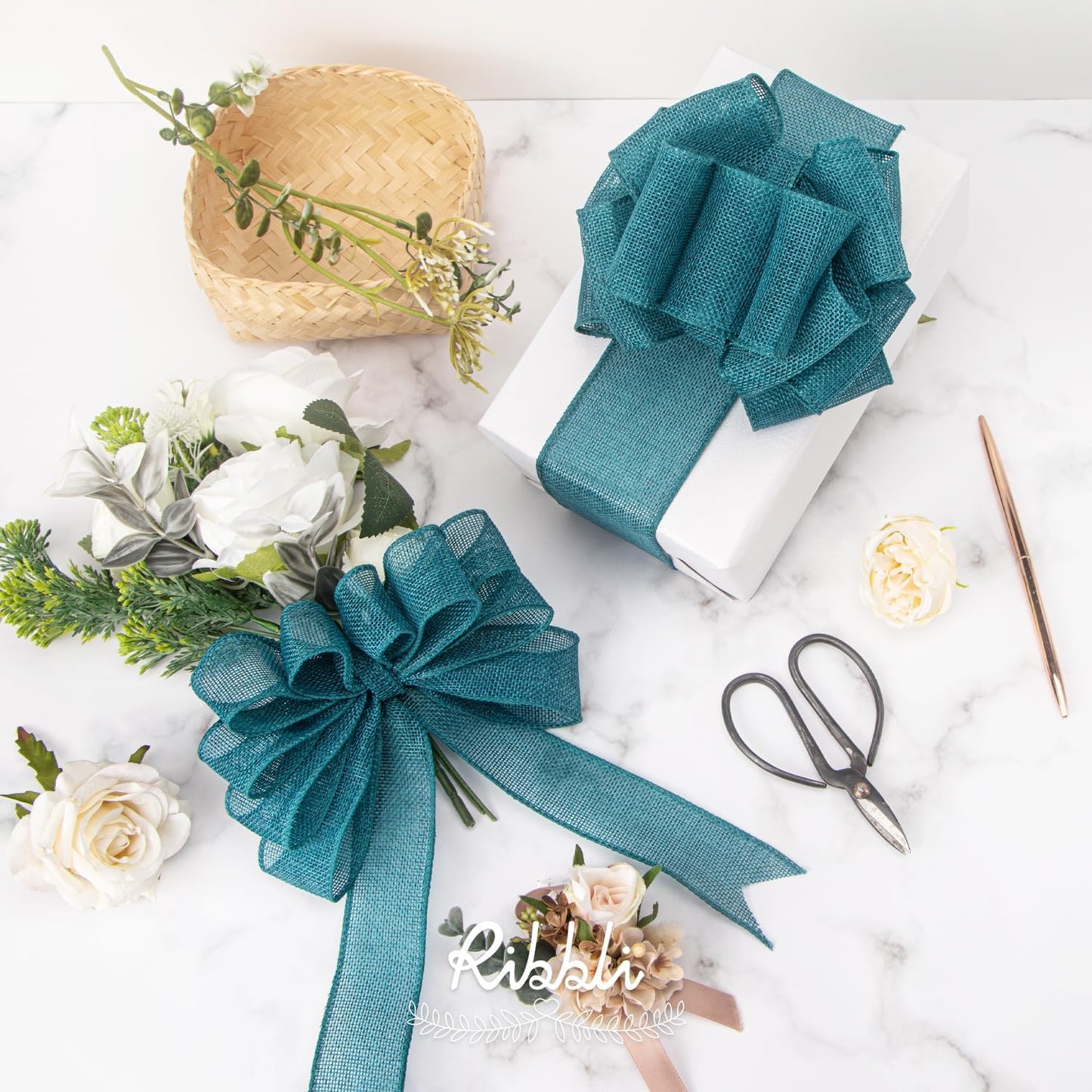 Ribbli Turquoise Green/Teal Burlap Wired Ribbon,1-1/2 Inch x 10 Yard, Wired Edge Ribbon for Big Bow,Wreath,Tree Decoration,Outdoor Decoration