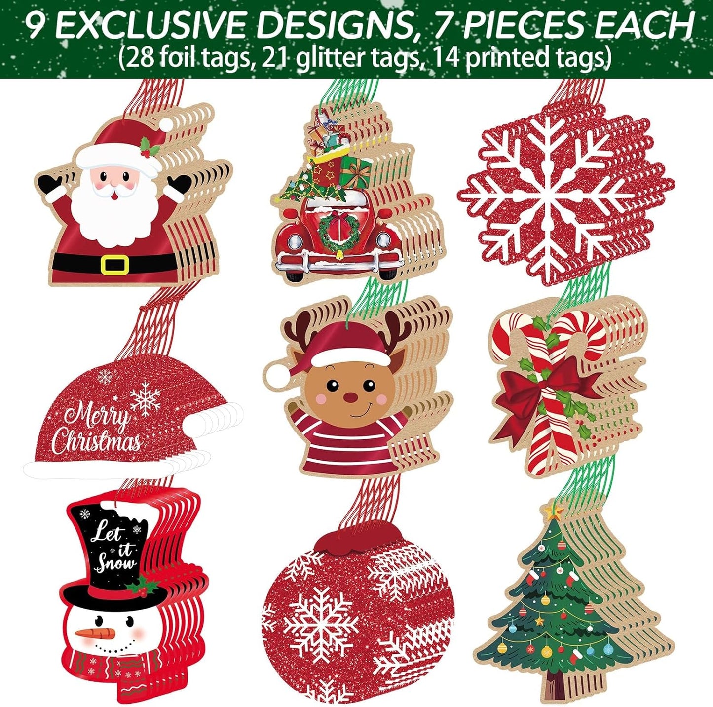 Christmas Gift Tags, 63Pcs Christmas Hanging Labels with String, Christmas Name Tags for Gifts, Glitter Foil Printed Xmas Gift Tags, Santa Snowman Gift Labels for DIY Xmas Holiday Present Wrapping