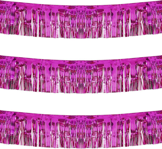 Thick 10 feet by 15 inches Fuchsia Foil Fringe Garland - Pack of 3 | Shiny Metallic Tassle Banner for Car Parade Floats, Wedding, Birthday | Wall Hanging Fringe Garland Banner (Fuchsia)
