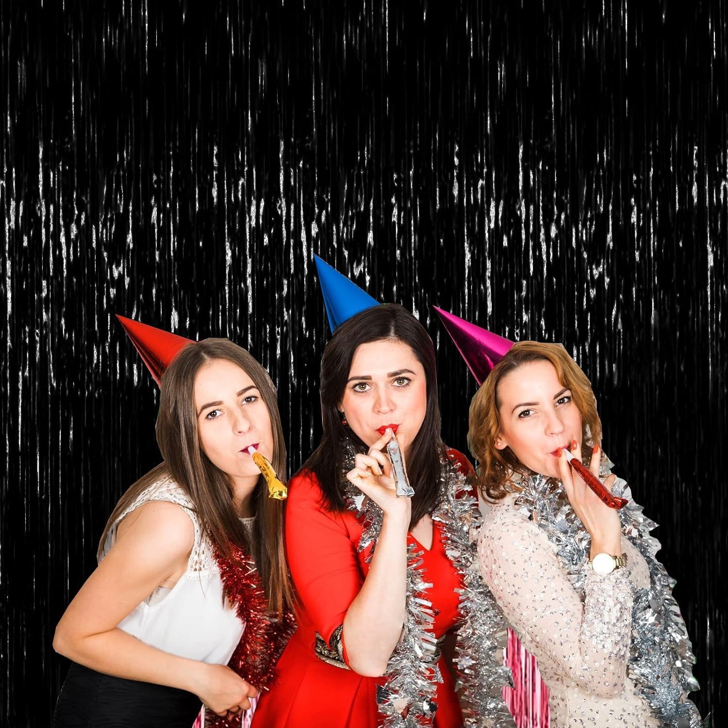 4P Metallic Foil Fringe Tinsel Table Skirts for Rectangle Tables Backdrop Banner Tinsel Streamer Garland Curtains for Parade Floats Wedding Graduation Anniversary Birthday Parties Decoration (Black)