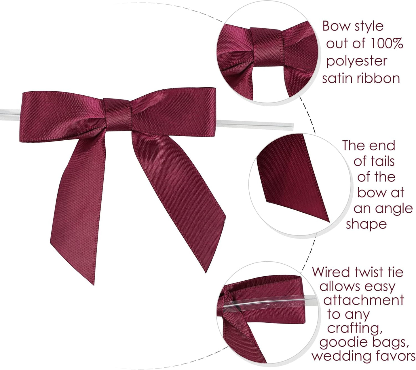 AIMUDI Burgundy Twist Tie Bows 2.5" Pre Tied Maroon Bows Premade Satin Gift Bows for Crafts Wine Bows for Treat Bags Gift Wrapping Wedding Baby Shower Party Favors Christmas Tree Decor - 50 Counts