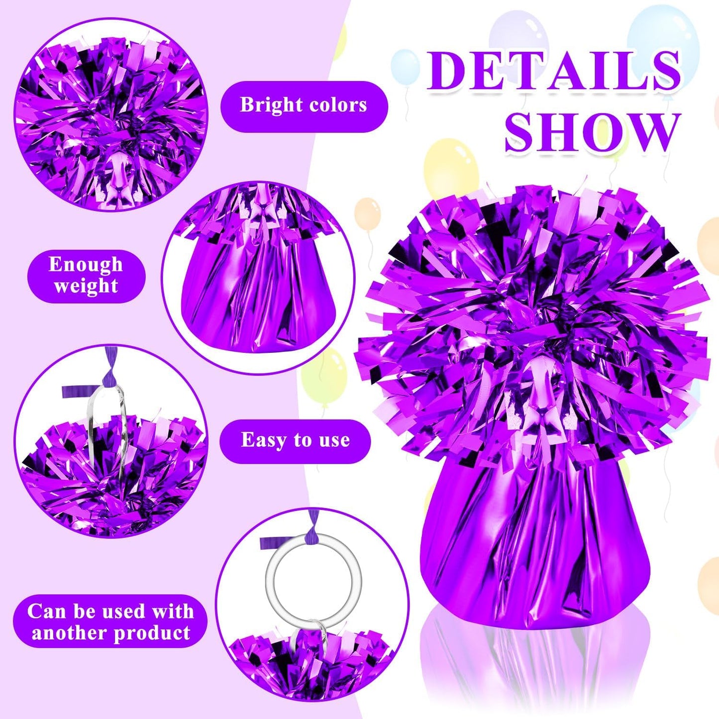 24 PCS Balloon Weights Metallic Anchor, Balloon Holder Heavy Weights with 1 Roll Purple Crimped Ribbon for Balloons Table Party Favor Birthday Decor(Purple)