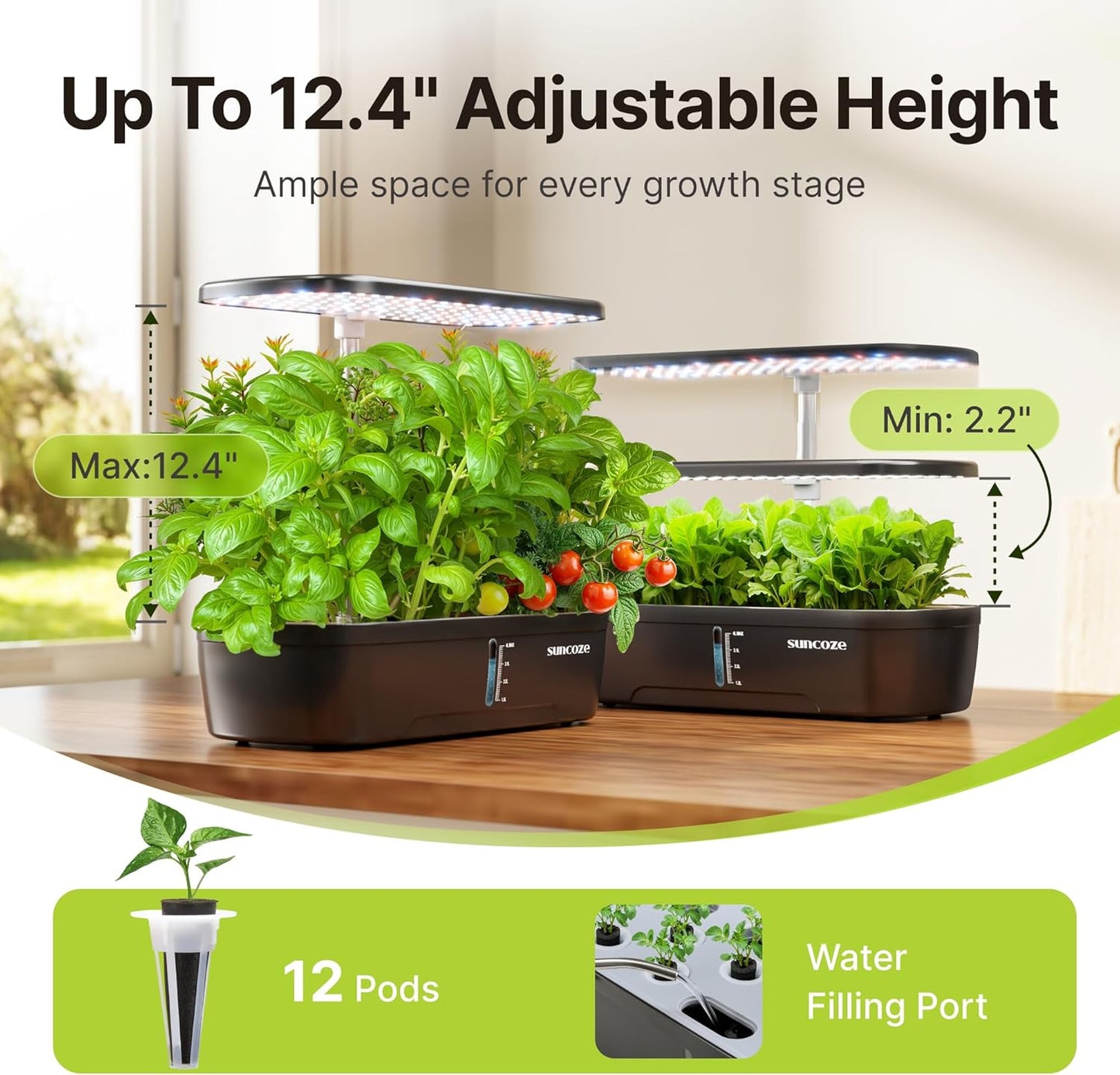 SUNCOZE Hydroponics Growing System Kit 12 Pods, Indoor herb Garden with 20W LED Grow Light, Visible Water Tank with Pump, 2.2"-12.4" Adjustable Height Indoor Gardening System, Gardening Gifts, Black