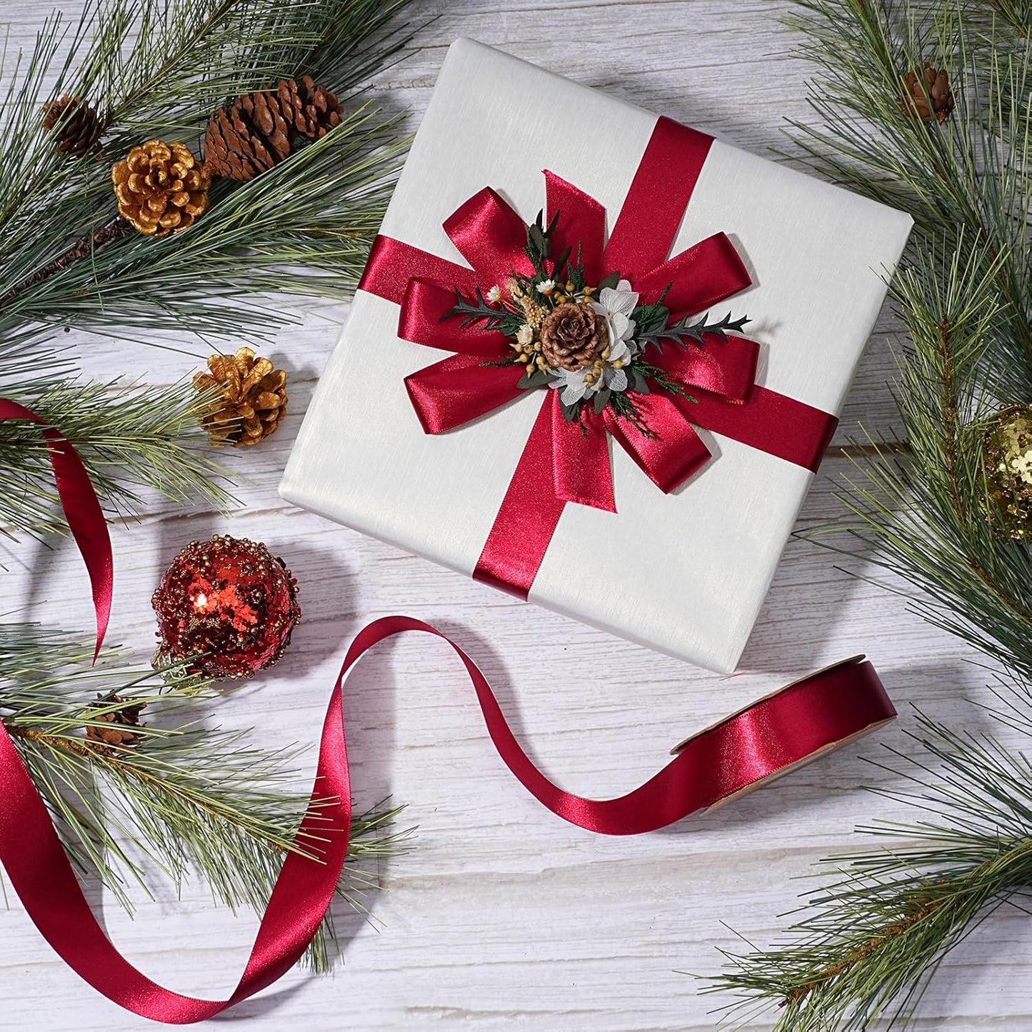 LaRibbons Burgundy Satin Ribbon 1 Inch 25 Yards Luxury Double Faced Dark Red Silk Ribbon for Flower Bouquet Crafts Gift Wrapping Wedding Party Christmas Decoration