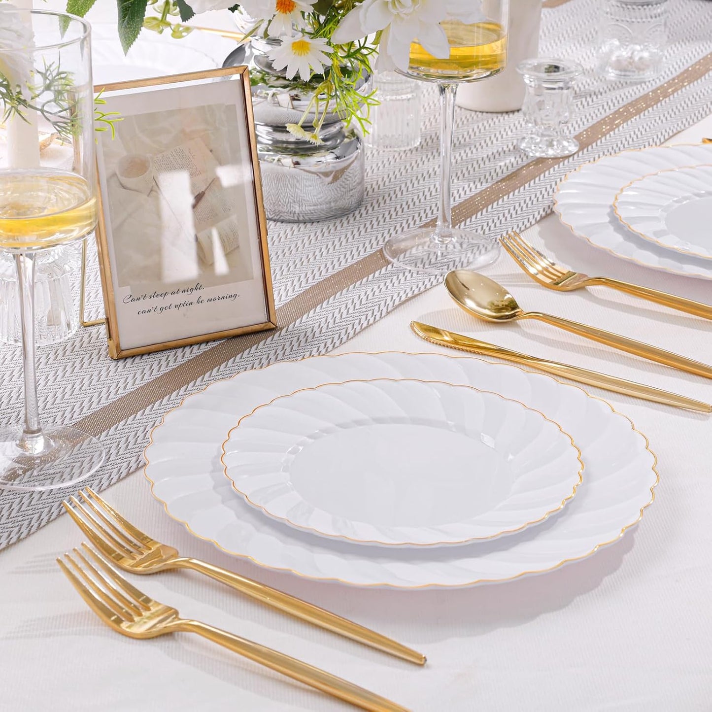 U-QE 60 Pcs White Plastic Plates with Gold Trim – Scalloped Plastic Plates Heavy Duty - Include 30 10.25" Dinner & 30 7.25" Dessert Plate – Perfect for Weddings, Bridal Showers and Party