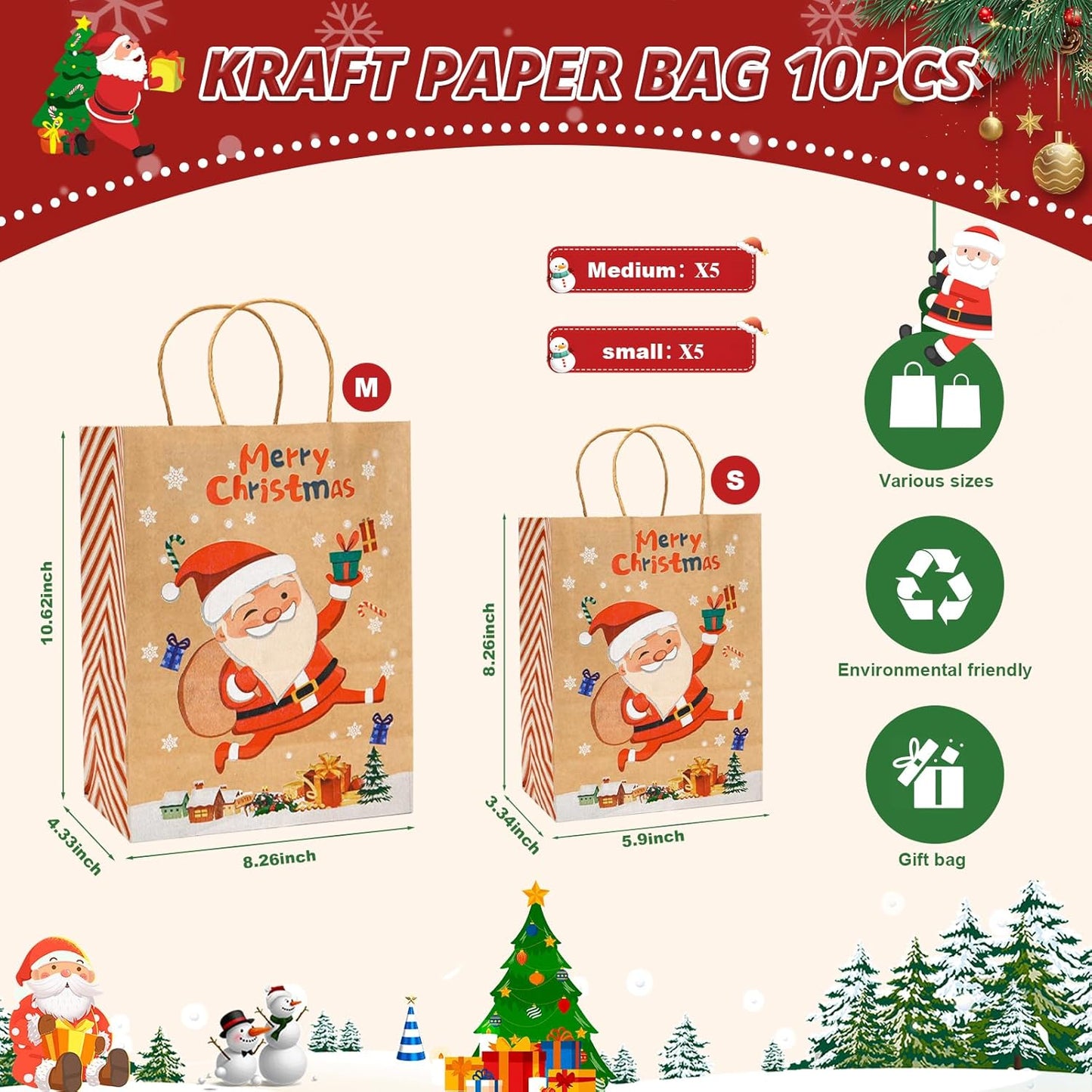 LYLIN 10Pcs Kraft Christmas Gift Bags, Christmas Tote Bags with Handles for Holiday, Reusable Xmas Treat Bags for Wrapping Gifts, Party Favors and Holiday Decor (5 Medium, 5 Small)