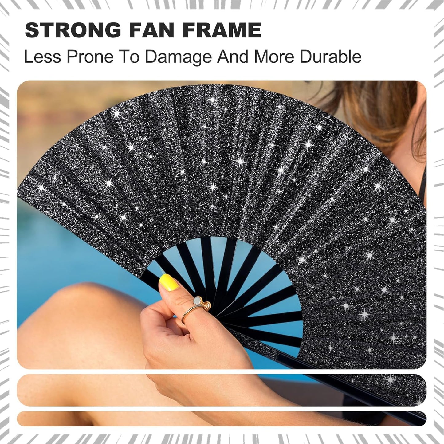 Thyle 6 Pcs Large Folding Fan for Line Dancing Bulk Boots on The Ground Hand Fan Black Popping Clapping Party Favors Decoration Gift for Edm Festival Club Summer(Classical)