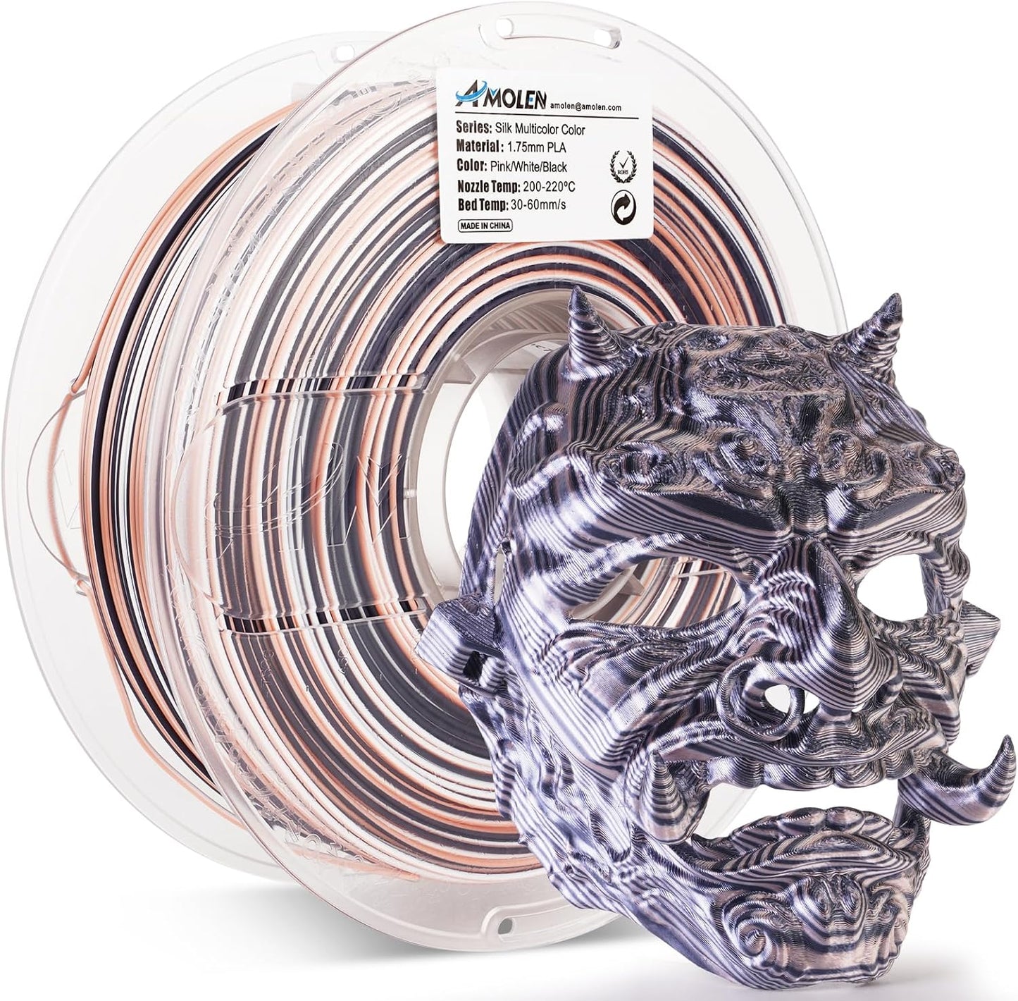 AMOLEN Silk PLA 3D Printer Filament, Shiny Multicolor Rainbow PLA Filament 1.75mm, Fast Color Change PLA 3D Printing Filament for Most FDM 3D Printer, Black Pink White, 1kg (2.2lbs)