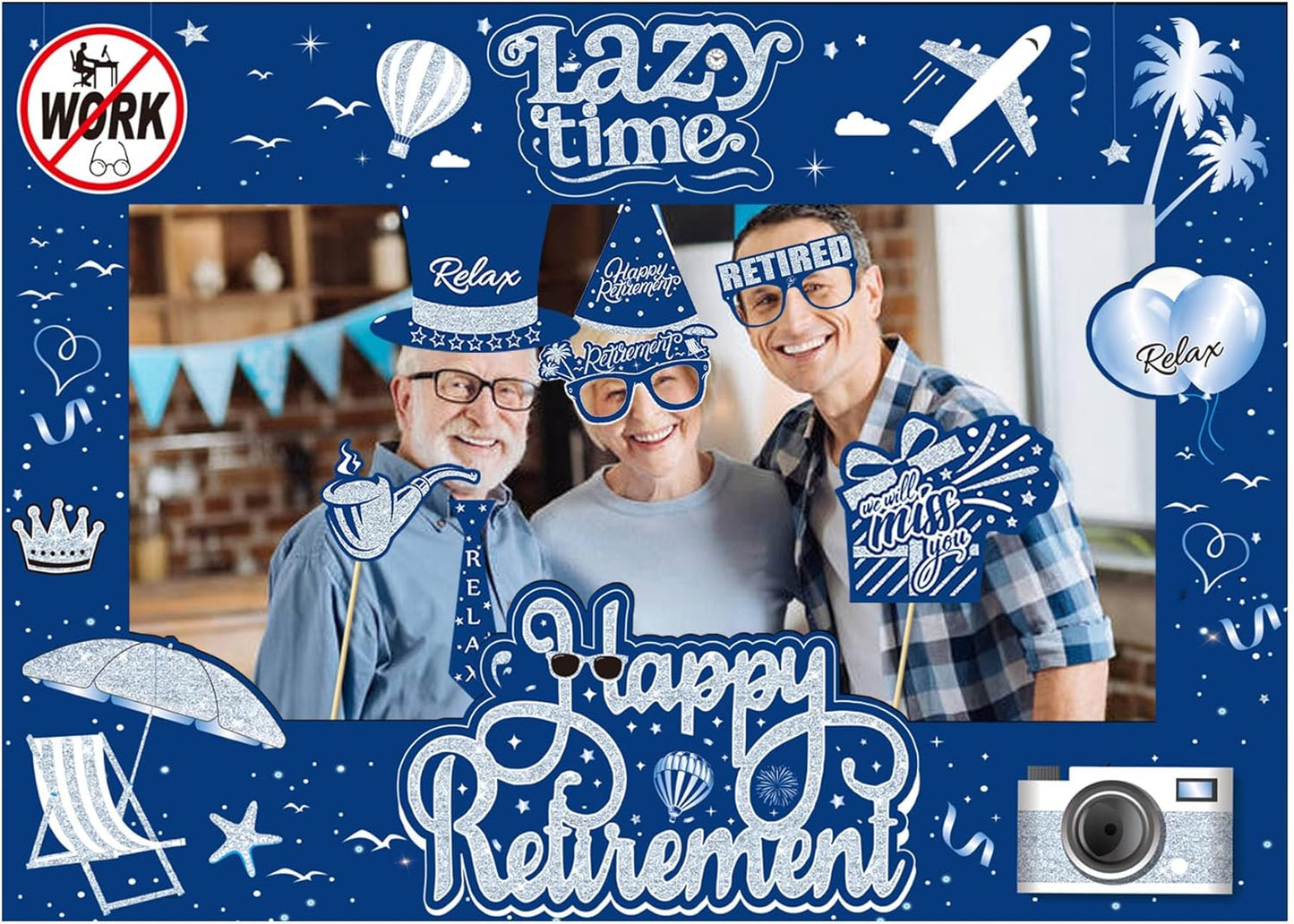 Retirement Party Photo Booth Props Kit - 27pcs Paper Photo Props 1 Frame Glitter Retirement Party Decorations for Retiree Celebration, Farewell Office Party Supplies (Blue and Silver)