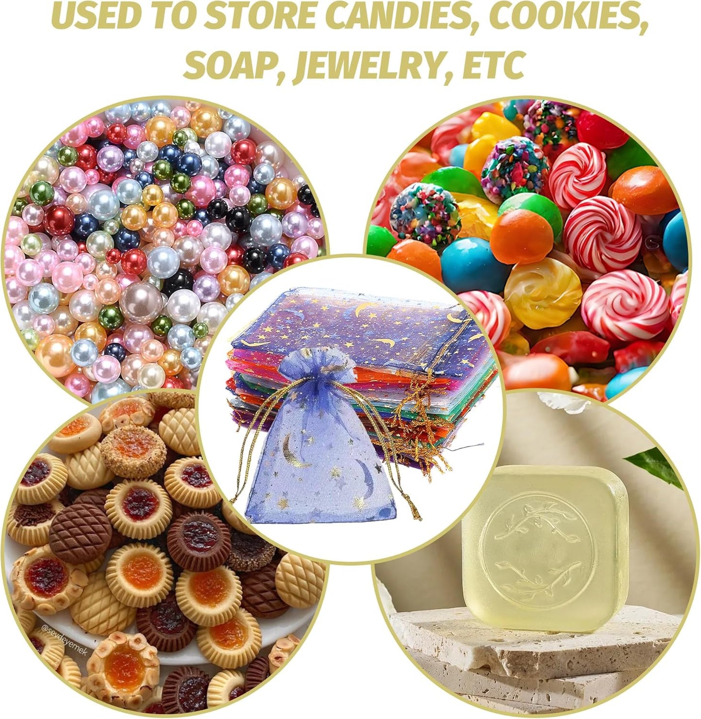 500 Pcs Moon Star Organza Jewelry Candy Bags Wedding Favor 2.8x3.5 Inch with Drawstring Multi Colored Candy Mesh Jewelry Bags for Wedding Party Christmas, Baby Shower, Eid Mubarak (Multicolor)