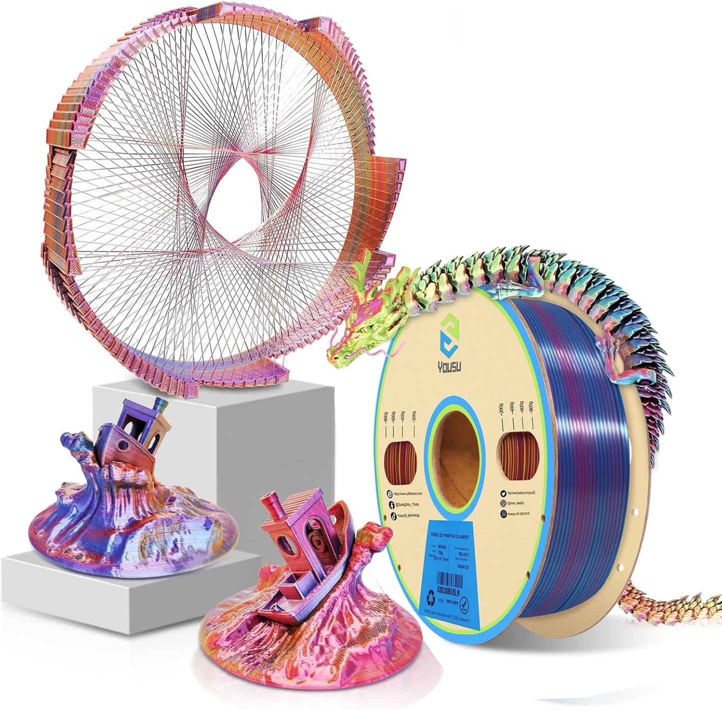 YOUSU PLA Filament Triple Color Coextrusion Silk 3D Printer Filament 1.75mm for 3D Printer & 3D Pen, Multicolor PLA Rainbow Filament, 1kg(2.2lbs) Silk PLA Red Gold Blue.