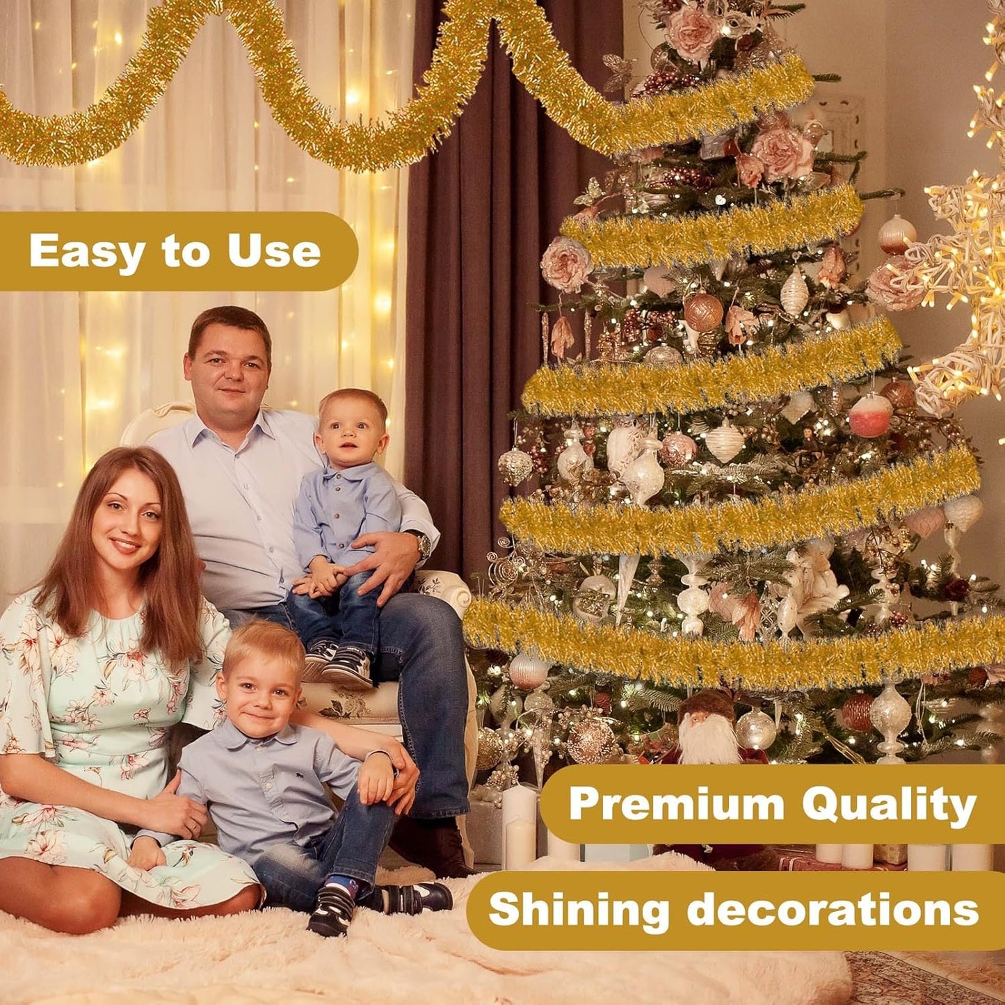 50 Feet Champagne Gold Christmas Tinsel Garland, Metallic Foil Twist Banner Wall Hanging Tinsel Streamers Backdrop for Parade Floats, Christmas, Mother's Day, Birthday Party Decorations(2in x 50ft)