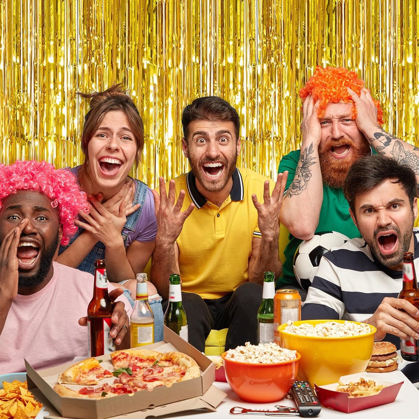 10 Pack Gold Foil Curtain Backdrop 3.2ft x 9.8ft Metallic Tinsel Foil Fringe Curtains Streamer Photo Booth Backdrop for Birthday Party Engagement Bachelorette Party Decorations (Gold)