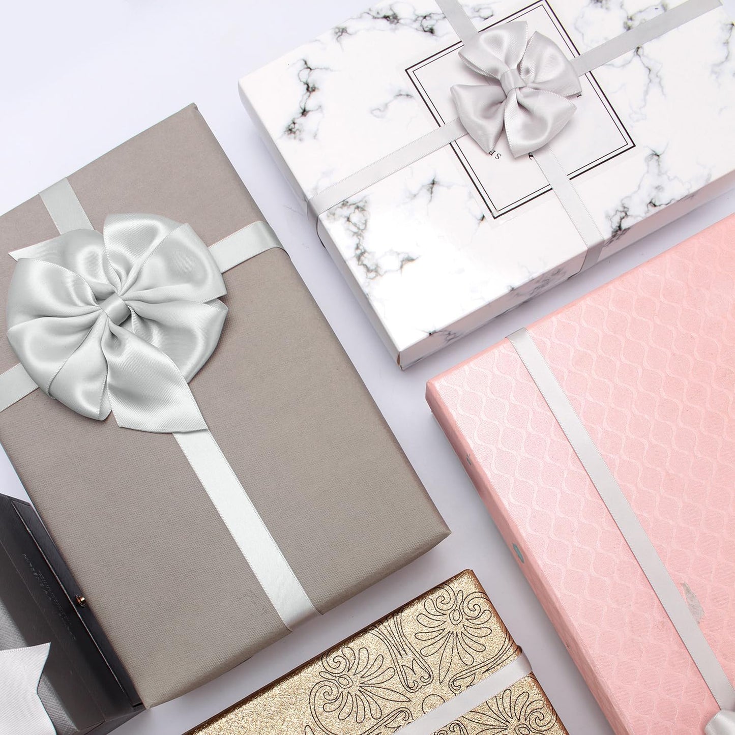 HUIHUANG Silver Ribbon Satin 1-1/2" Wide Double Face Polyester Satin Ribbons for Crafts, Thick Silk Ribbon for Gift Wrapping Hair Bows Floral Bouquet Cake Box Christmas Decor Party Favor - 50 Yards