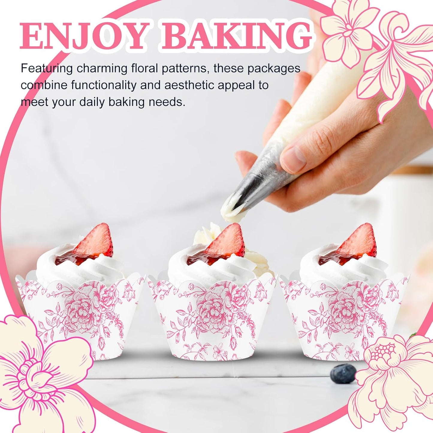 Domensi 100 Pcs Pink Floral Cupcake Wrappers Rustic Cupcake Liners Pink Baking Cups Flower Baking Liners for Wedding Bridal Baby Shower Birthday Party Supplies Dessert Decoration
