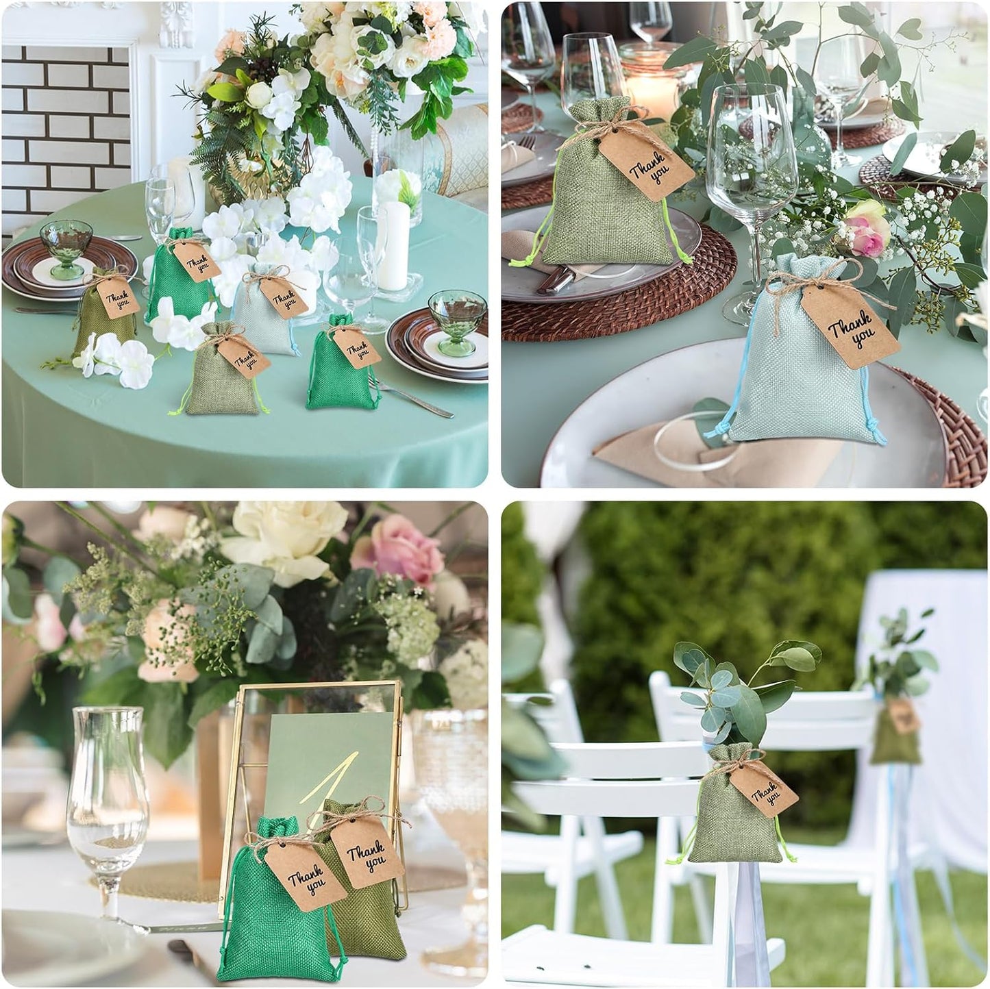 Woanger 100 Pcs Burlap Gift Bags with 100 Pcs Kraft Paper Gift Tags Drawstring Favor Bulk Burlap Sack Bags for DIY Wedding Party Craft(4 x 6 Inch,Mint, Grass, Army, Dark Green)