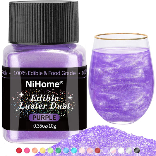 NiHome Edible Food-Grade Glitter Powder Glimmer Luster Dust Metallic Fancy Food Decorating Sprinkle Glimmery Dust for Drink Wine Beverage Cake Bakery Vegan Allergen-Free (Purple, 0.35oz/10g)