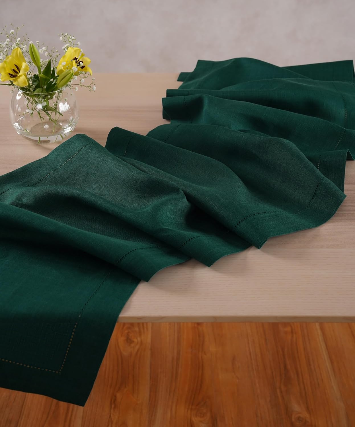 Linen Table Runner 14 x 90 Inch Long - 100% Pure Linen Christmas Green Table Runner - Cloth Fabric Hemstitch Runner for Thanksgiving, Christmas, Winter, New Year - Elara