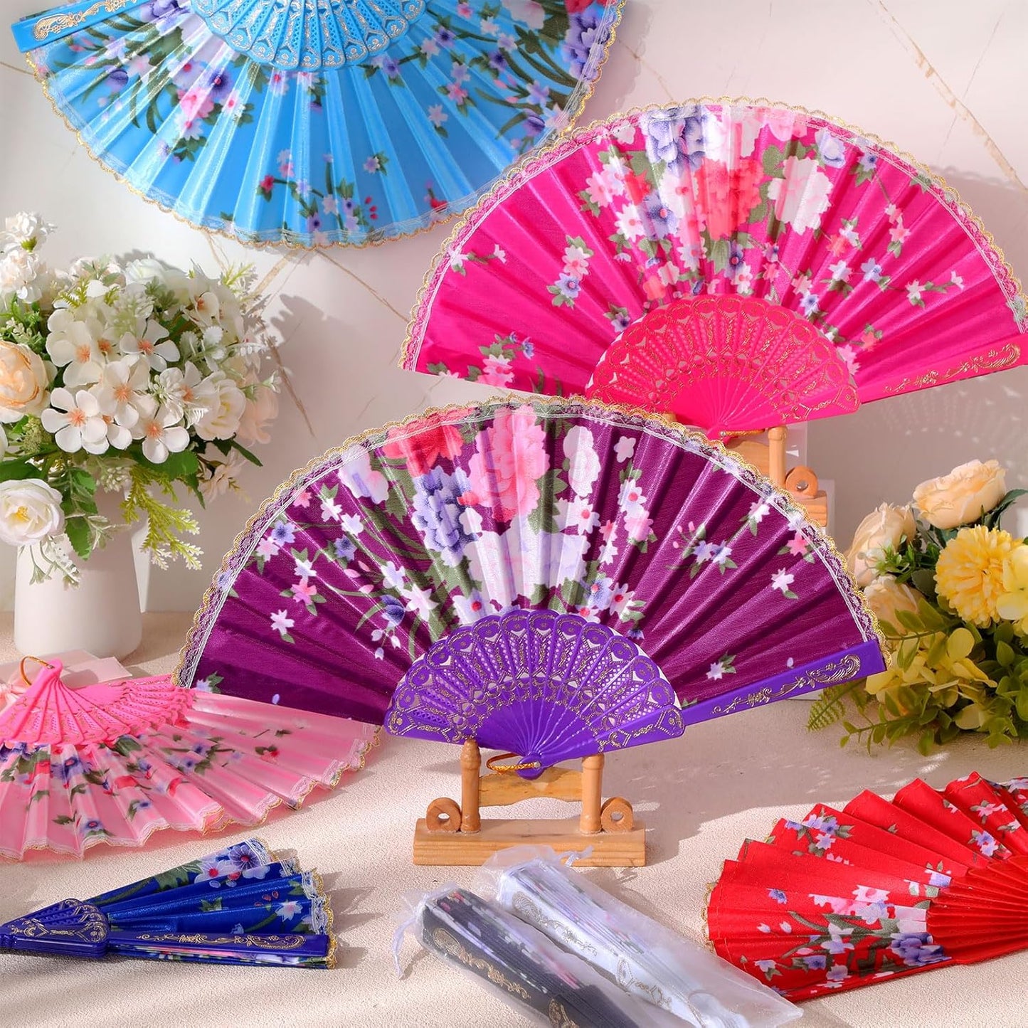 Geetery 30 Pcs Folding Hand Fan for Line Dancing Spanish Boots on The Ground Fans Gifts Bulk Colorful Silk Popping Rave for Women Tea Party Wedding Church Halloween Costume(Floral,Classic Colors)