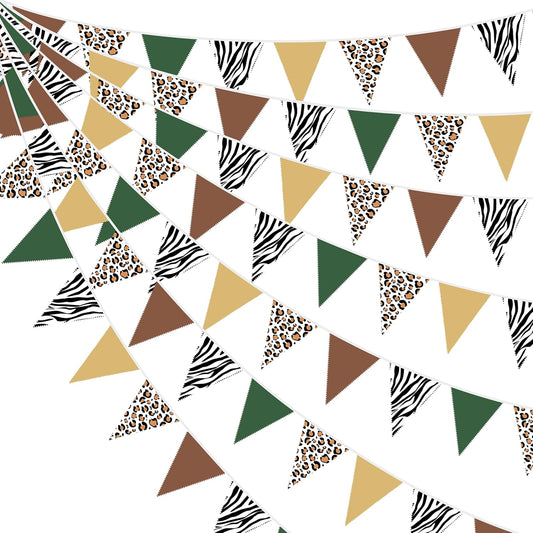 32Ft Jungle Safari Party Decorations Sage Green Brown Wild Animal Leopard Zebra Print Triangle Flag Fabric Banner Pennant Garland Streamers for Cheetah Birthday Baby Shower Party Decor Supplies
