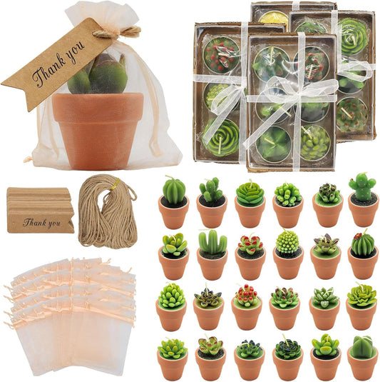 AZEAM 24 Pcs Succulent Candles Party Favors, Bulk Cactus Table Decor with Mini Terracotta Holders, Tiny Handmade Plant Tealights Candle Decoration for Baby Shower Bridal Game Wedding Home Birthday