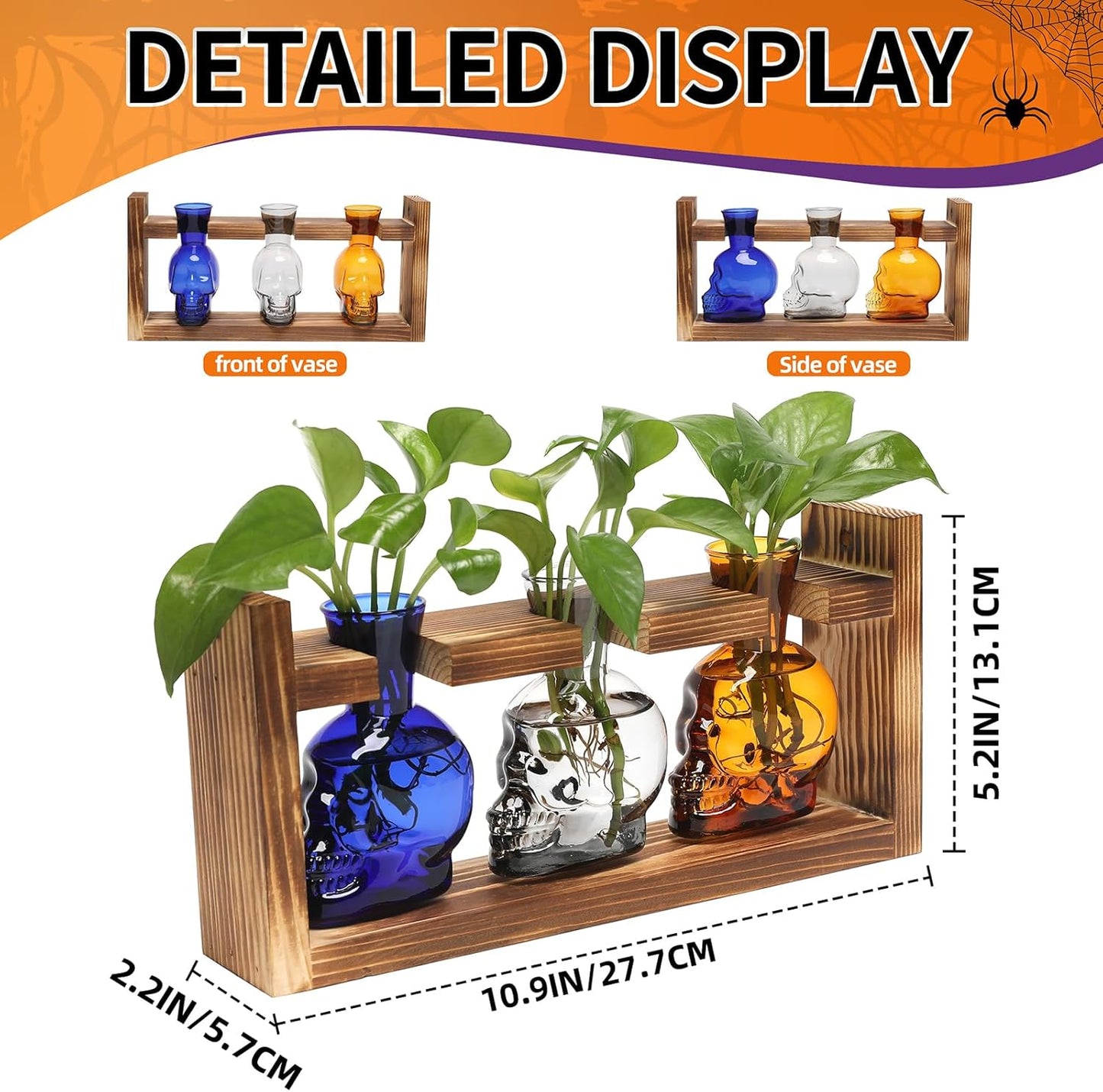 Plant Terrarium Propagation Stations Hydroponics Halloween Skull Planter Vase Skulls Decor with Wooden Stand Gift for Father
