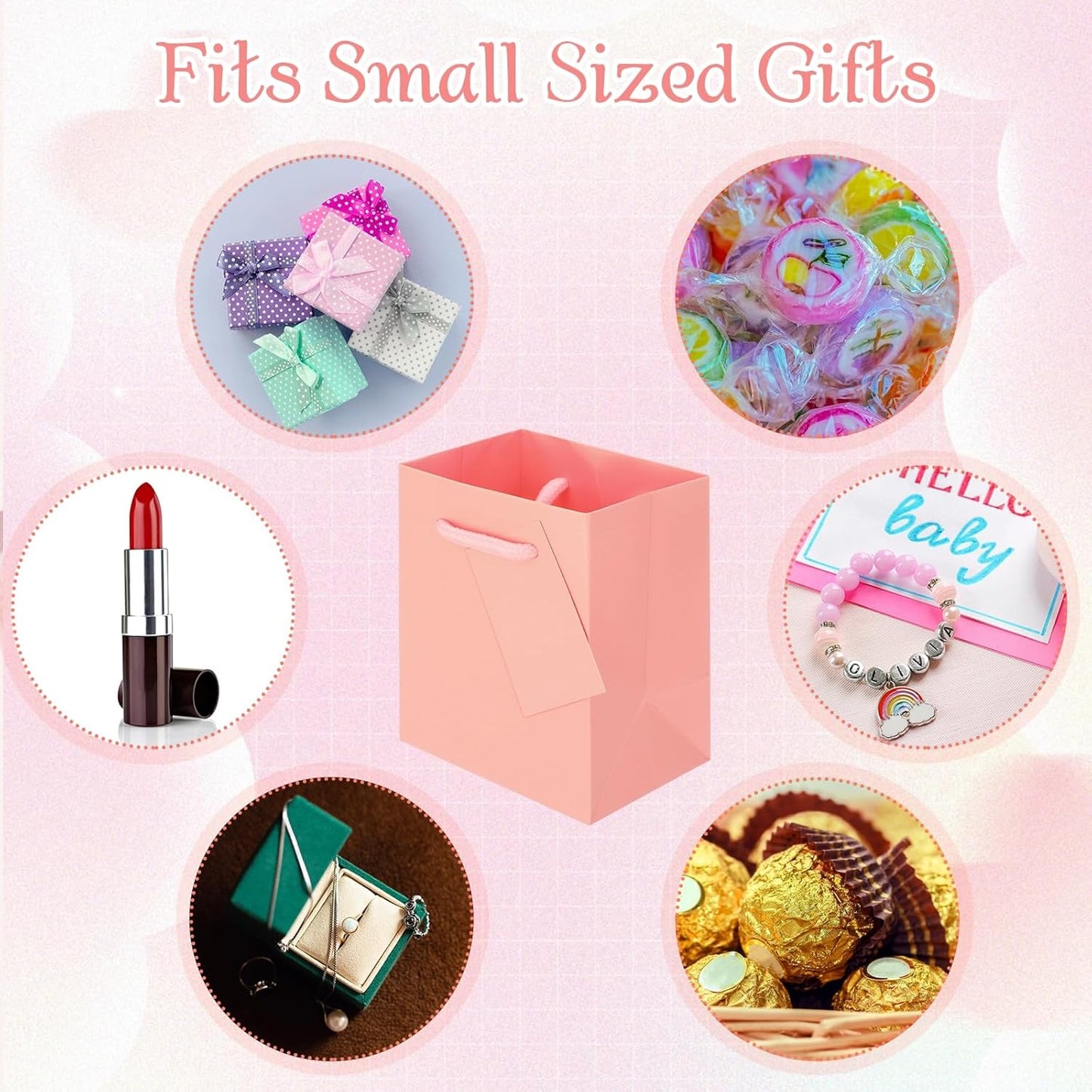 Sherr 100 Pack Mini Gift Bags Bulk, 4 x 2.75 x 4.5 Inches Paper Bags with Tags, Extra Small Paper Gift Boxes with Handles for Birthday, Party Favors, Weddings, Small Business(Pink)