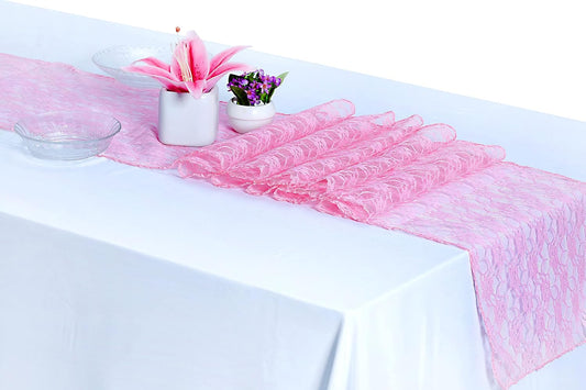 MDS Pack of 10 Wedding 12 x 108 inches Lace Table Runner for Wedding, Decorations for Birthday Parties, Banquets, Graduations, Engagements, and Runners fit Rectangle, Round Table- Pink