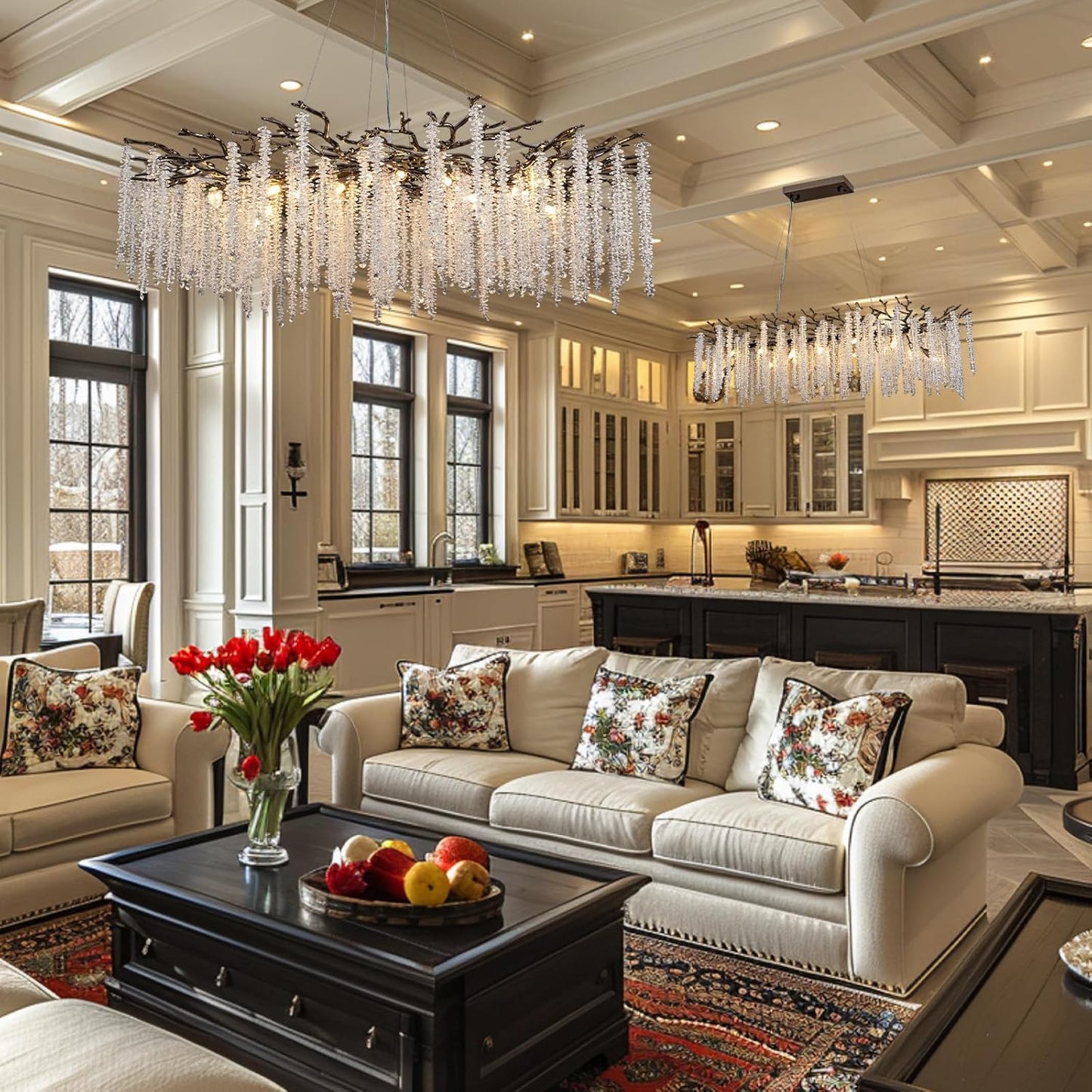 YUYI 47.2'' Modern Crystal Chandeliers for Dining Room,Black Luxury Round Tree Branches Chandelier Lighting,High Ceiling Chandelier Light Fixture Hanging Pendant Light Fixtures