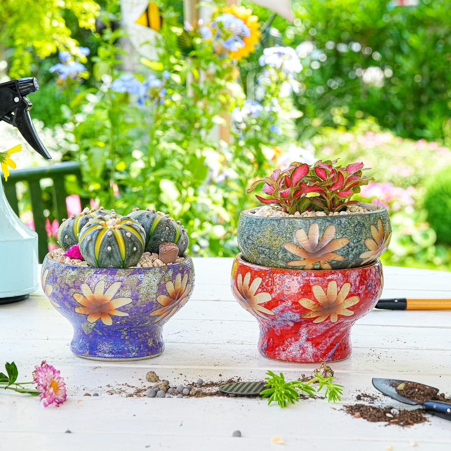 Sungmor Small Succulent Planters Set of 3, Beautiful Hand Crafted Ceramic Plant Pots Cute Cactus Pot, 4.9 Inch Flower Pots for Indoor Plants with Drainage, Desktop Windowsill Home Office Decor Pots