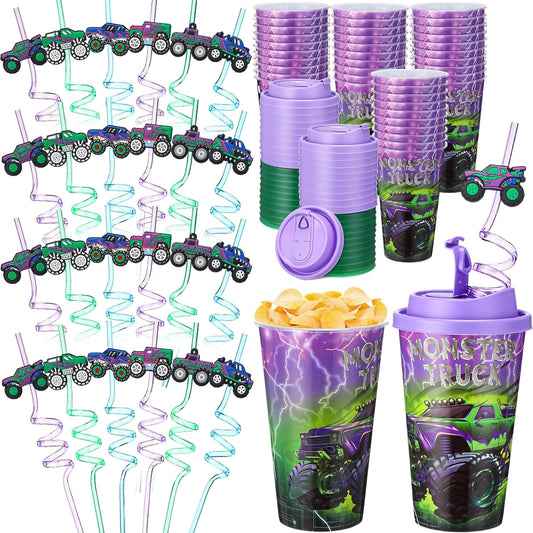 Yungyan 16 Sets Green Purple Monster Truck Party Favors Goodie Cups with Lids and Straws for Halloween Party Decorations Reusable 16oz Plastic Candy Cups Plastic Straws for Birthday Gift(Truck)
