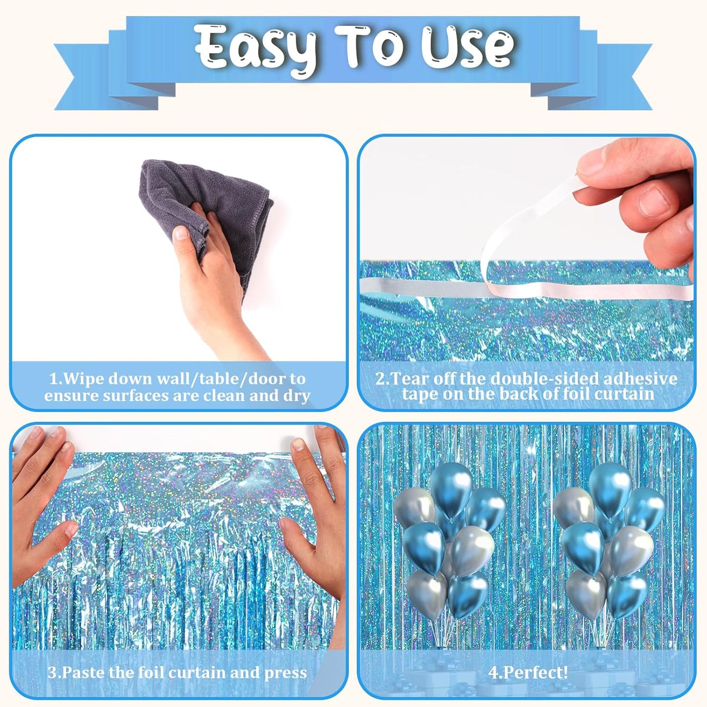 3 Pack 3.3 x 6.6 ft Light Blue Foil Fringe Backdrop Curtains, Tinsel Streamers Party Decorations, Fringe Backdrop for Birthday, Baby Shower, Gender Reveal, Graduation