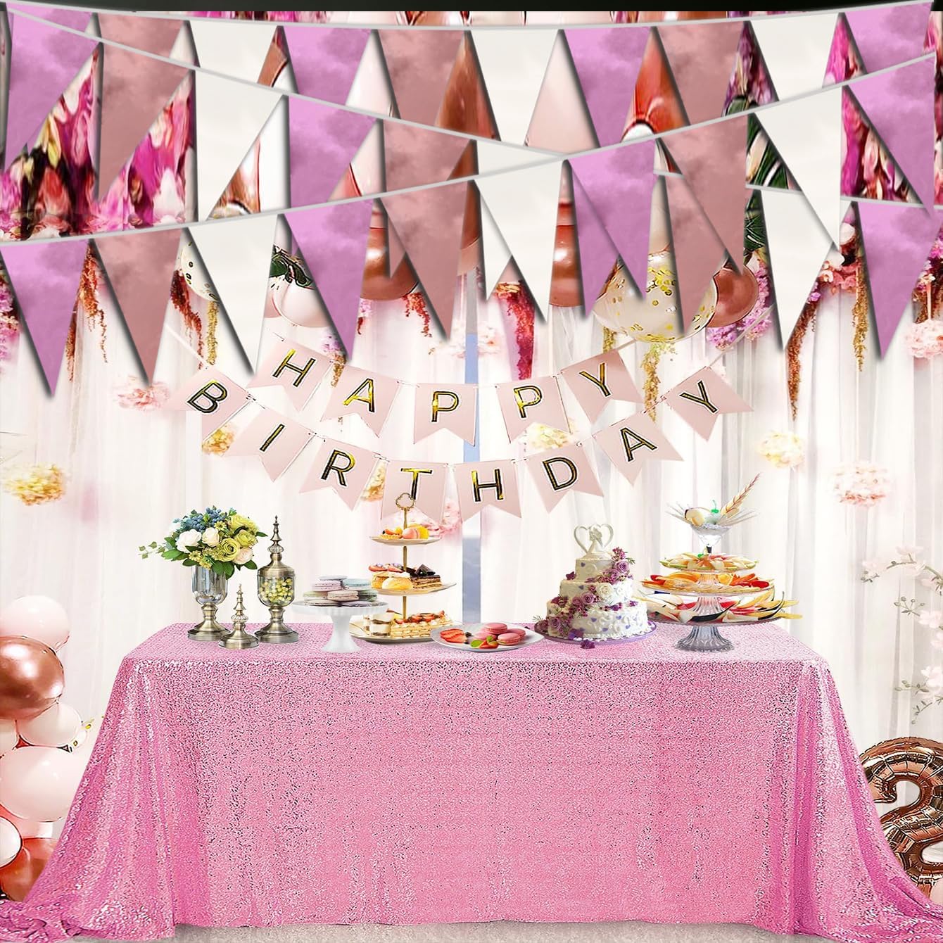 40M/130FT Rose-Gold Pink Triangle Pennant Banner Flag Metallic Fabric Bunting Garland for Christmas Graduation Wedding Engagement Anniversary Bachelorette Birthday Bridal Shower Hen Party Supplies