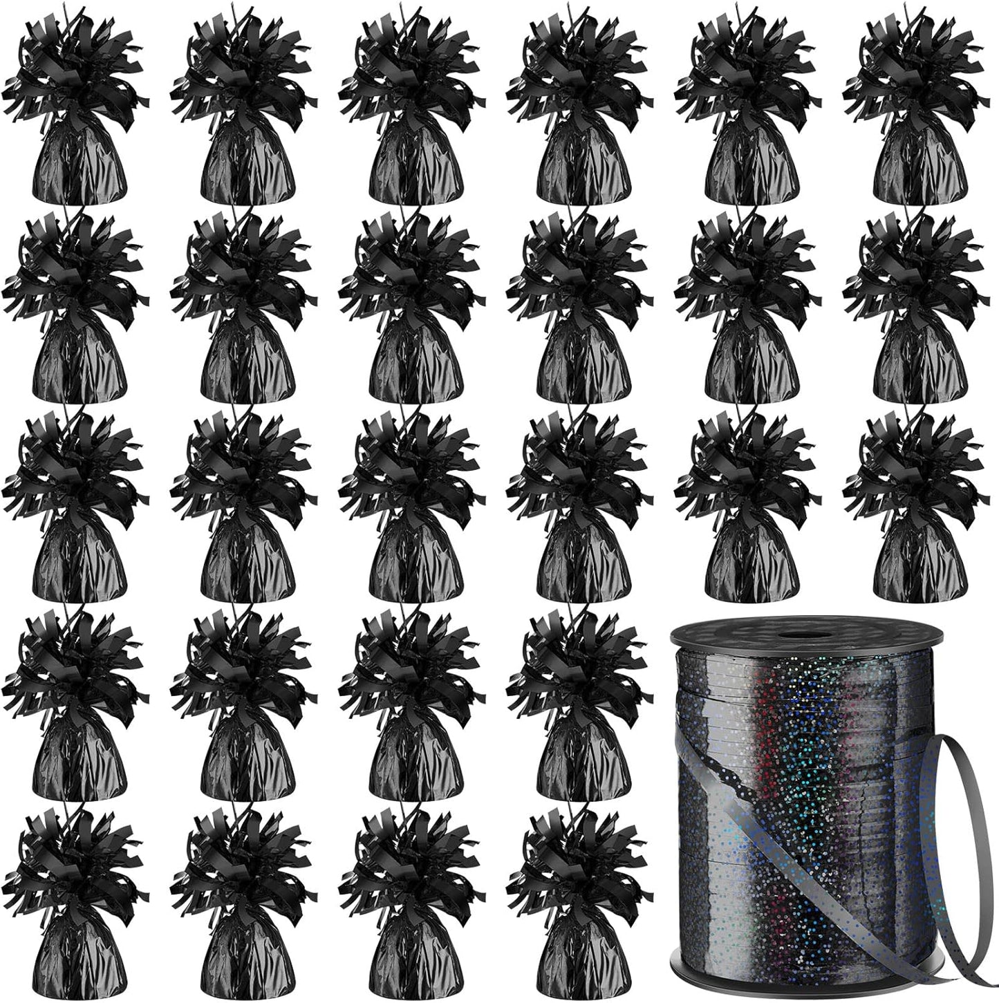 24 Pcs Balloon Weights Metallic Anchor Balloon Holder for Helium Balloons Heavy Table Weights and 1 Roll Iridescent Crimped Ribbon for Birthday Wedding Halloween Christmas Party(Black)