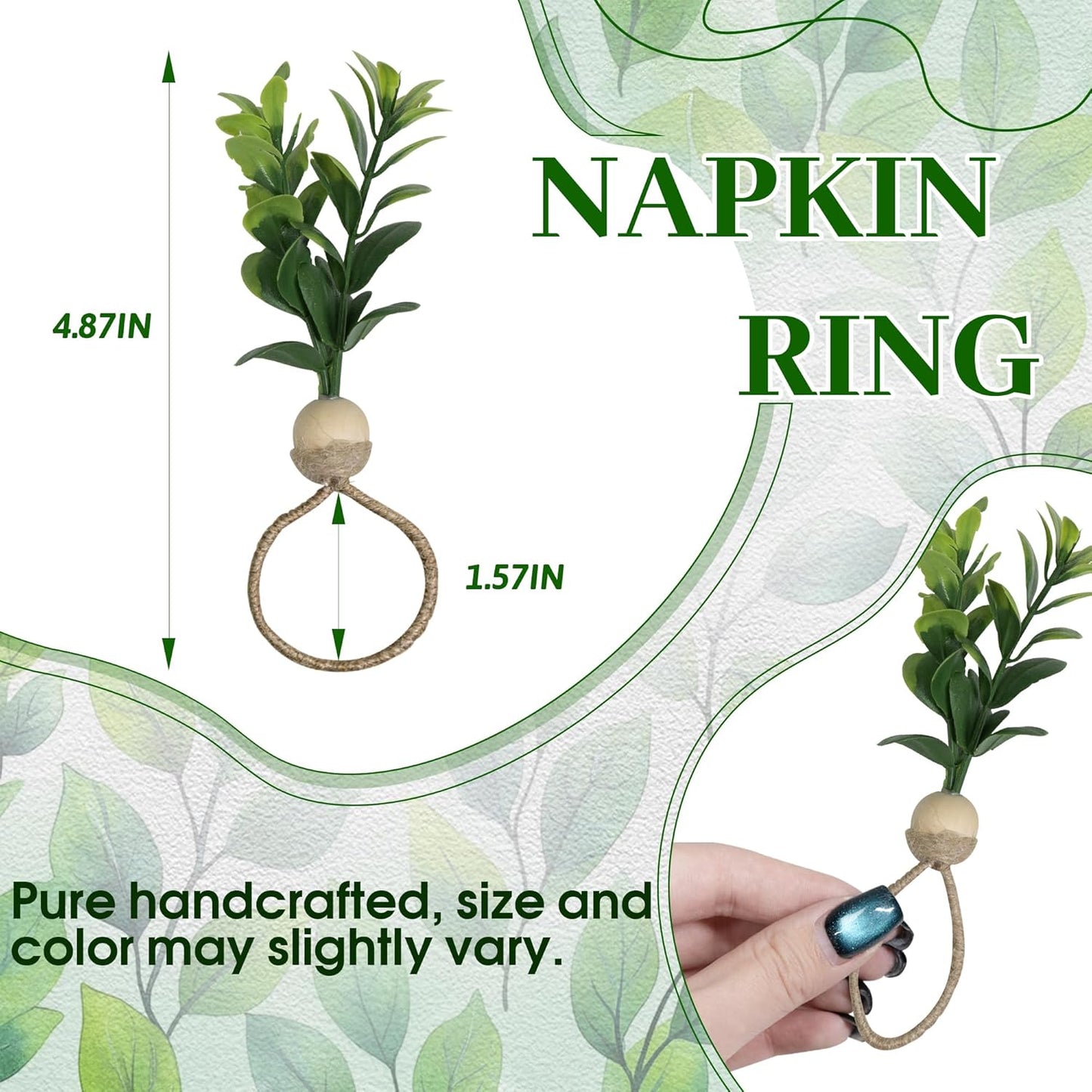 MAOANME Napkin Rings Set of 12, Rustic Eucalyptus Napkin Holder Rings with Wood Bead, Farmhouse Green Leaf Napkin Ring Bulk, Boho Napkin Ring for Wedding, Table Decor