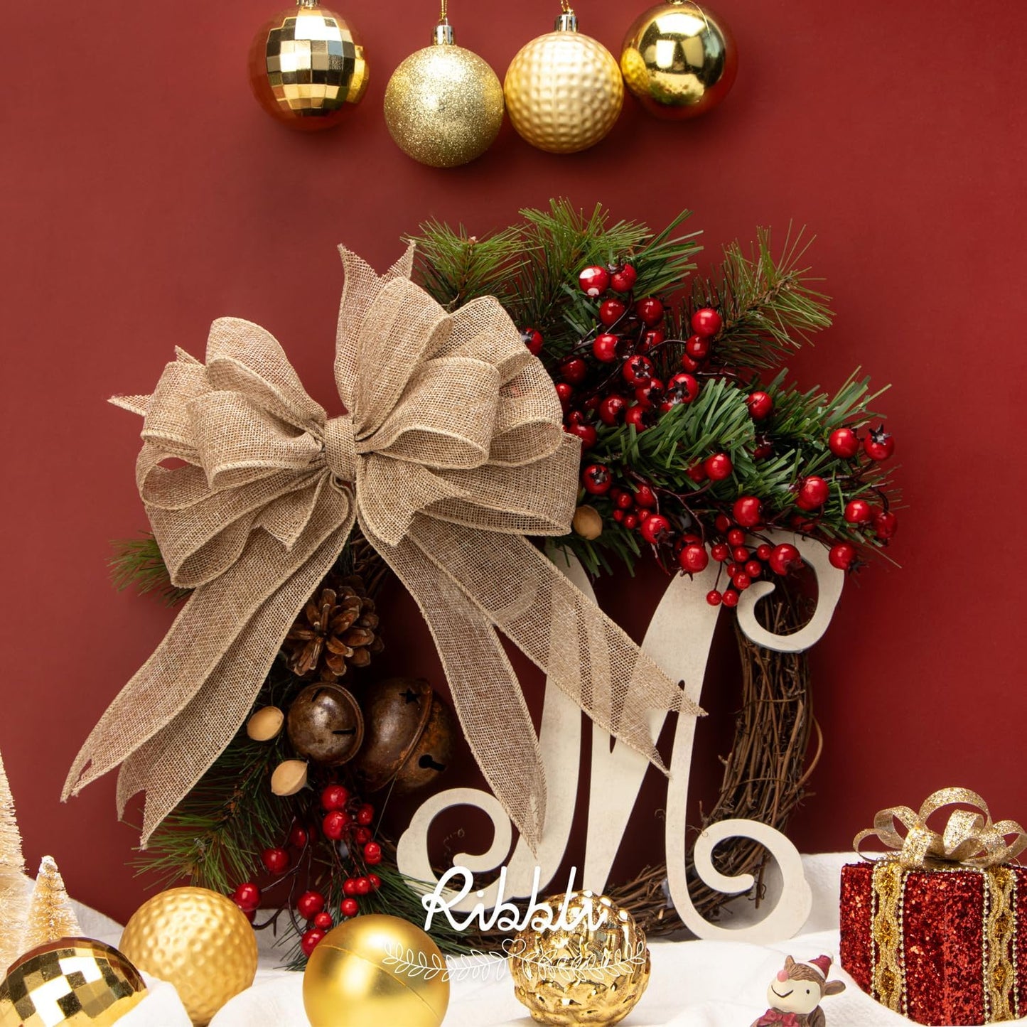 Ribbli Burlap Wired Edge Ribbon,1-1/2 Inch x 10 Yard,Natural,Solid for Big Bow,Wreath,Tree, Outdoor Decoration