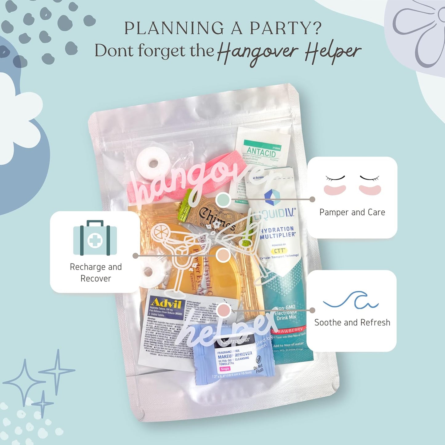 Hangover Kit (5 Pack) Pre Filled Party Favors, Goodie Bags, Gift for Bachelorette, Wedding, 21st Birthday, Girls Trip and All Celebrations